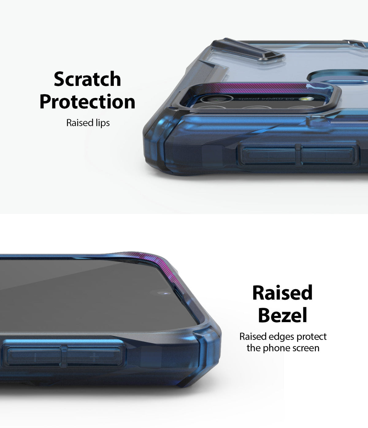 Galaxy M31 Case | Fusion-X - Close-up of blue phone case showing raised camera lips and screen bezels for scratch protection.