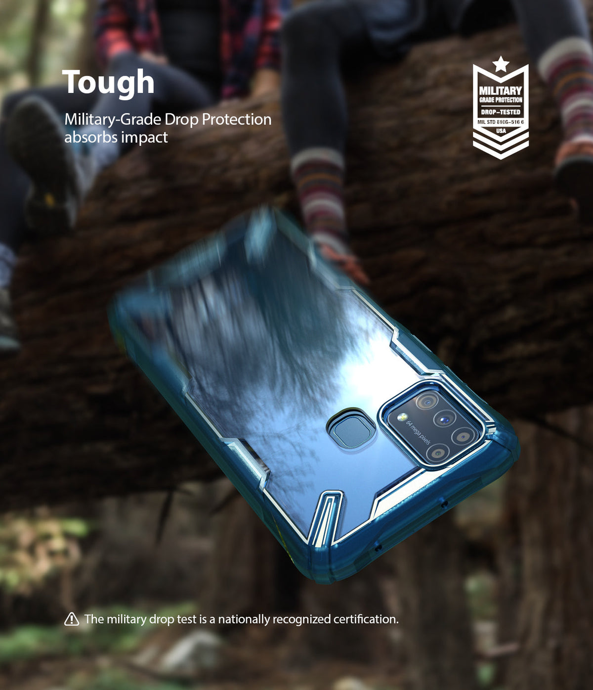Galaxy M31 Case | Fusion-X - Blue phone case falling against a blurred outdoor background with military-grade protection text.