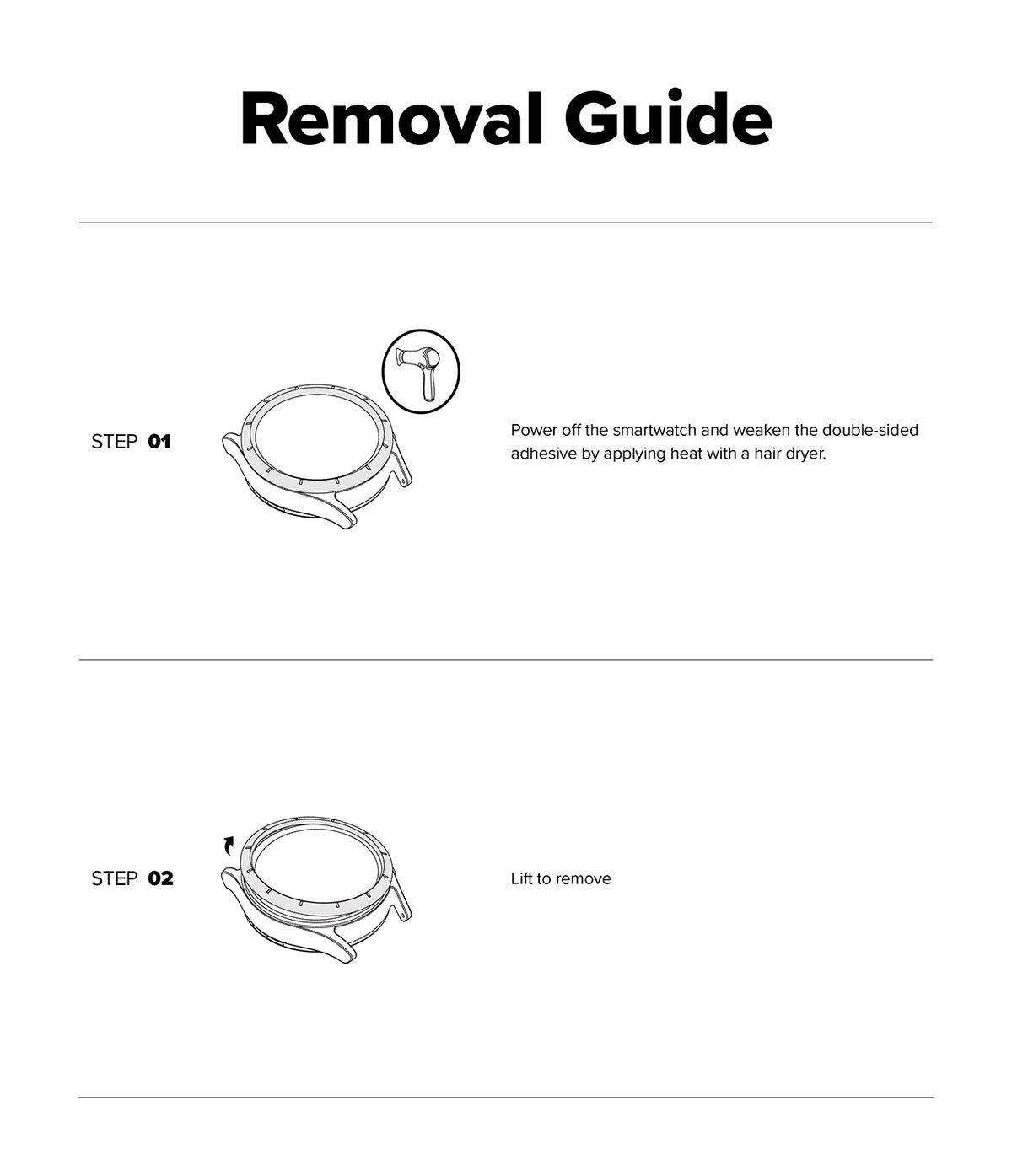 Forerunner 165 / 170 / 70 Bezel Styling | Bezel Styling - A black-and-white Removal Guide page showing two illustrated steps for taking off a smartwatch band. The top header reads 'Removal Guide,' with Step 01 showing a watch band and a small icon, and Step 02 showing the same watch band with text to lift it off.