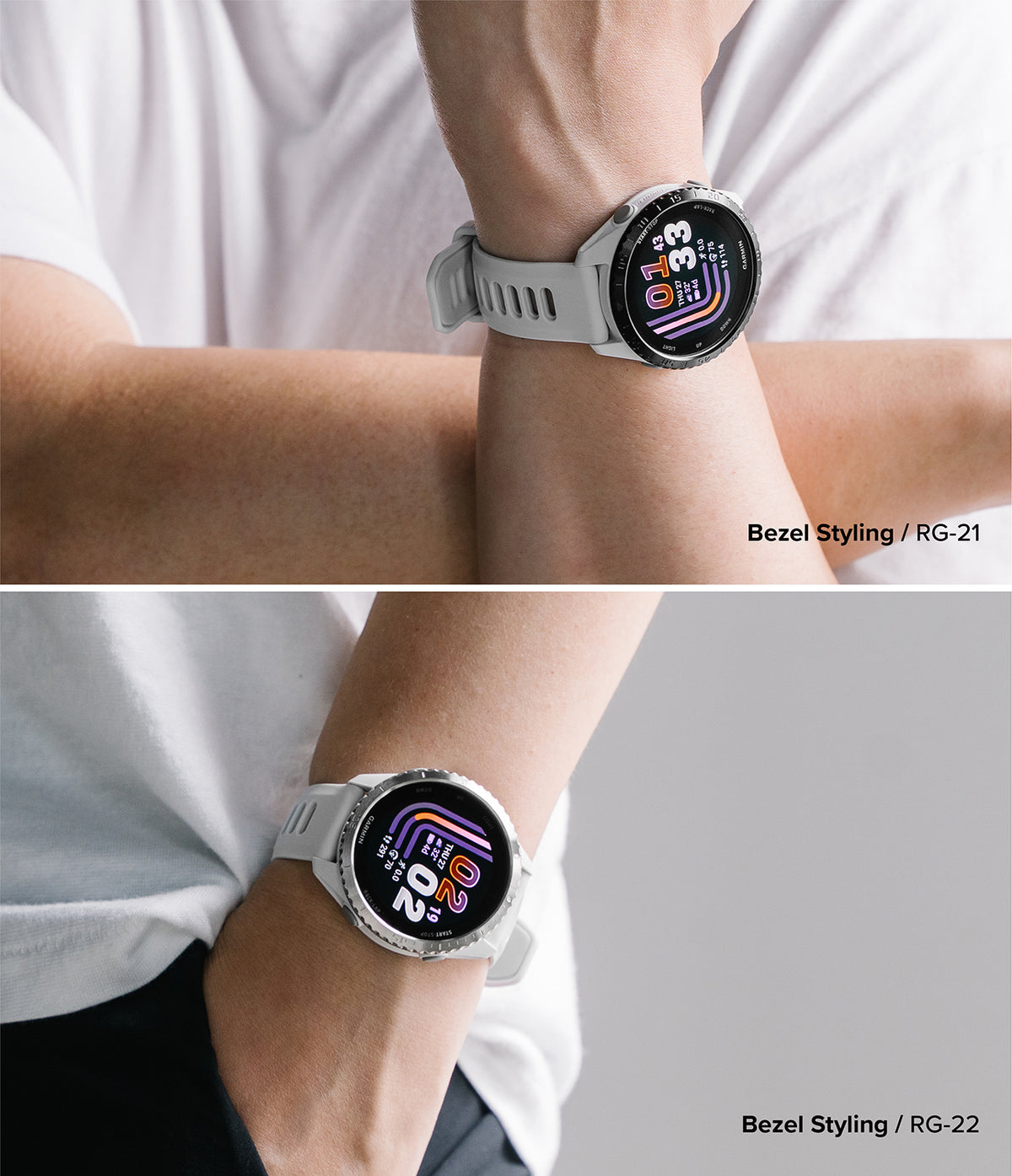 Forerunner 165 / 170 / 70 Bezel Styling | Bezel Styling - Two close-up views of a smartwatch worn on a person's wrist, showing the watch from different angles. The watch has a round black bezel, a light gray strap, and a colorful digital display.