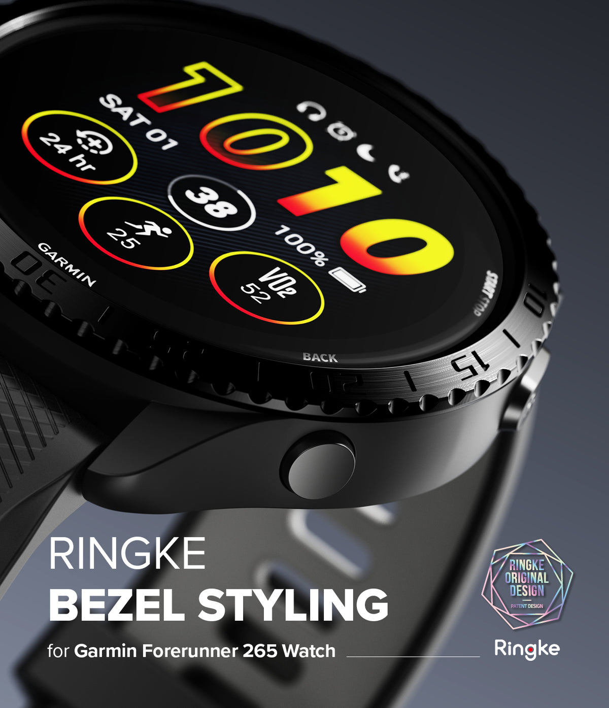 Forerunner 265 | Bezel Styling - Close-up of a black textured metal watch bezel attached to a Garmin Forerunner 265 smartwatch.
