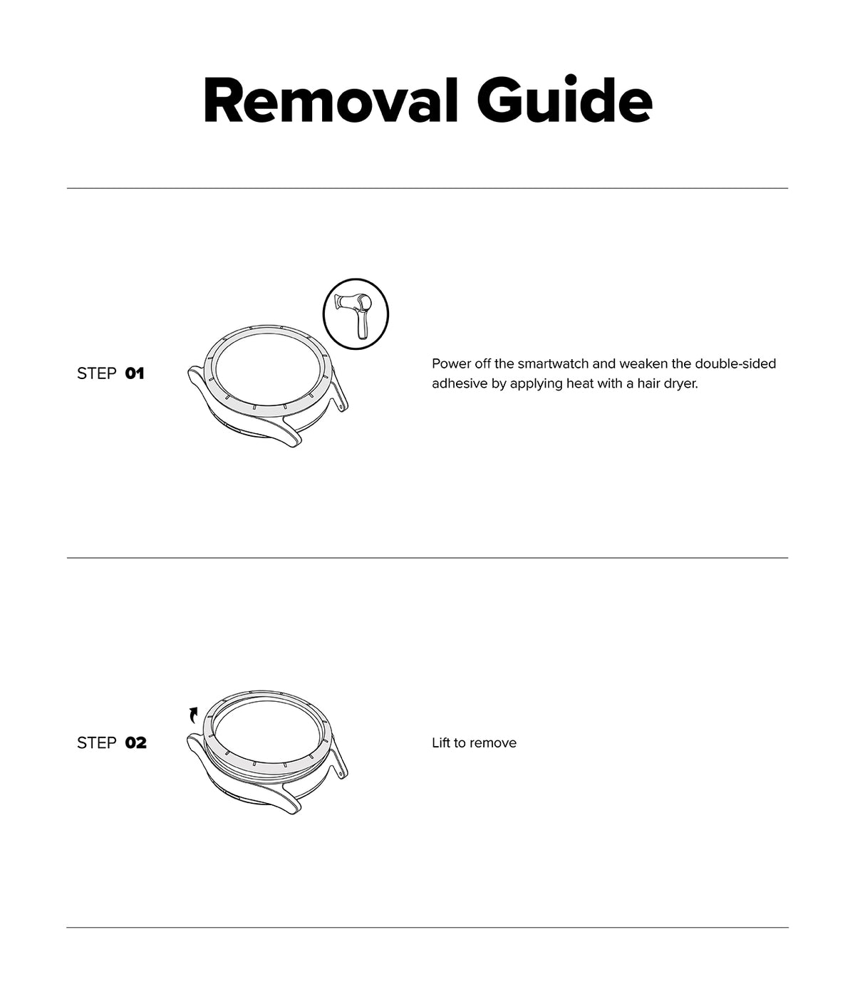 Forerunner 265 | Bezel Styling - Two-step instructional guide showing how to heat and lift a smartwatch bezel for removal.