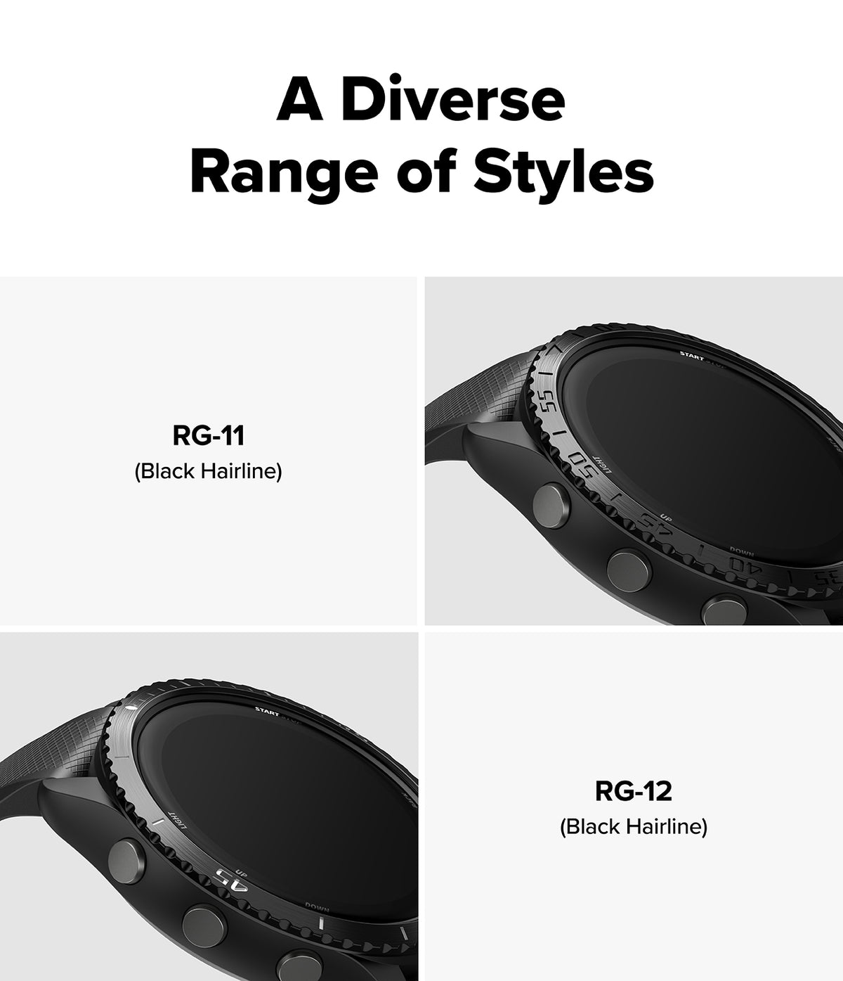 Forerunner 265 | Bezel Styling - Two close-up views of black Forerunner 265 watch bezels labeled RG-11 and RG-12 with hairline finishes.
