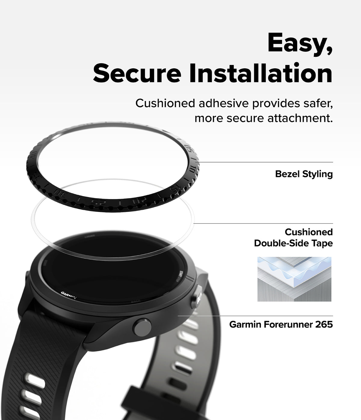 Forerunner 265 | Bezel Styling - Exploded view showing a watch bezel, adhesive ring, and Garmin Forerunner 265 watch body.
