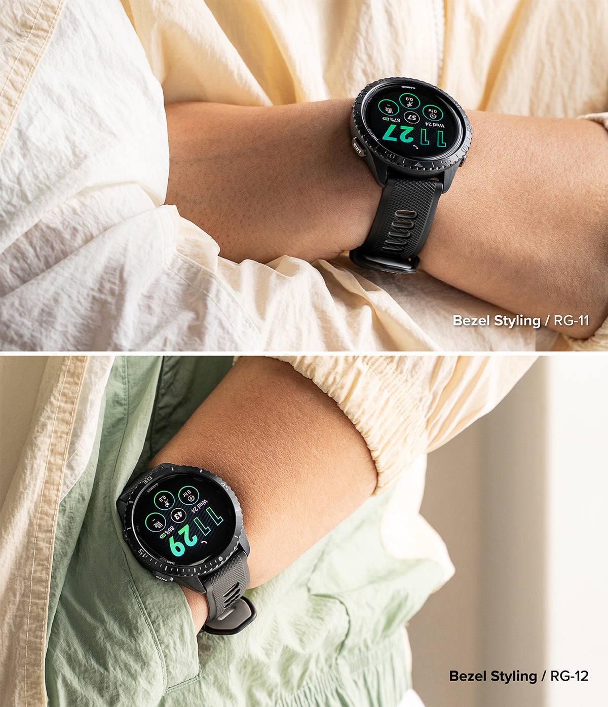 Forerunner 265 | Bezel Styling - Two close-up views of a Garmin watch on a wrist, showcasing different textured bezel designs.