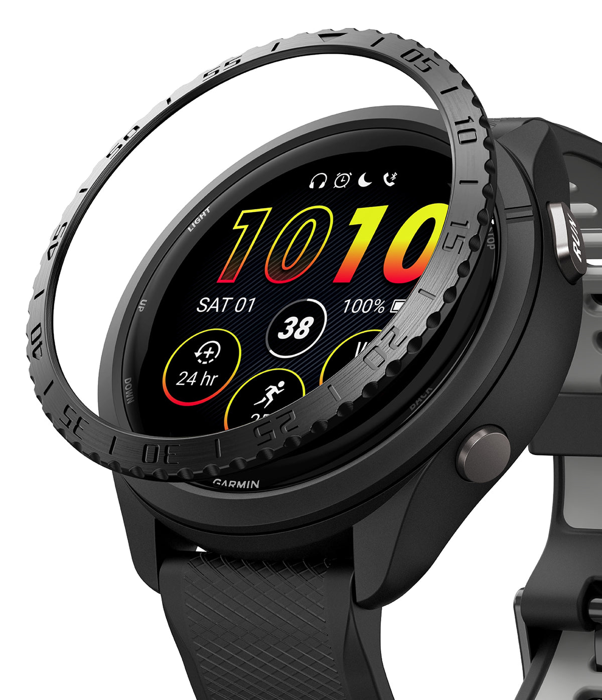 Forerunner 265 | Bezel Styling - A black Garmin smartwatch with a detached, metallic numbered bezel hovering above the watch face.