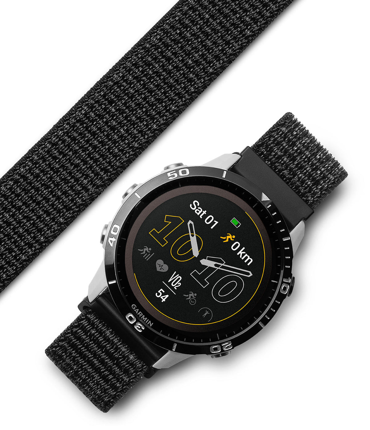 Forerunner 955 | Bezel Styling - Garmin Forerunner 955 with a black textured bezel and matching black nylon watch band.