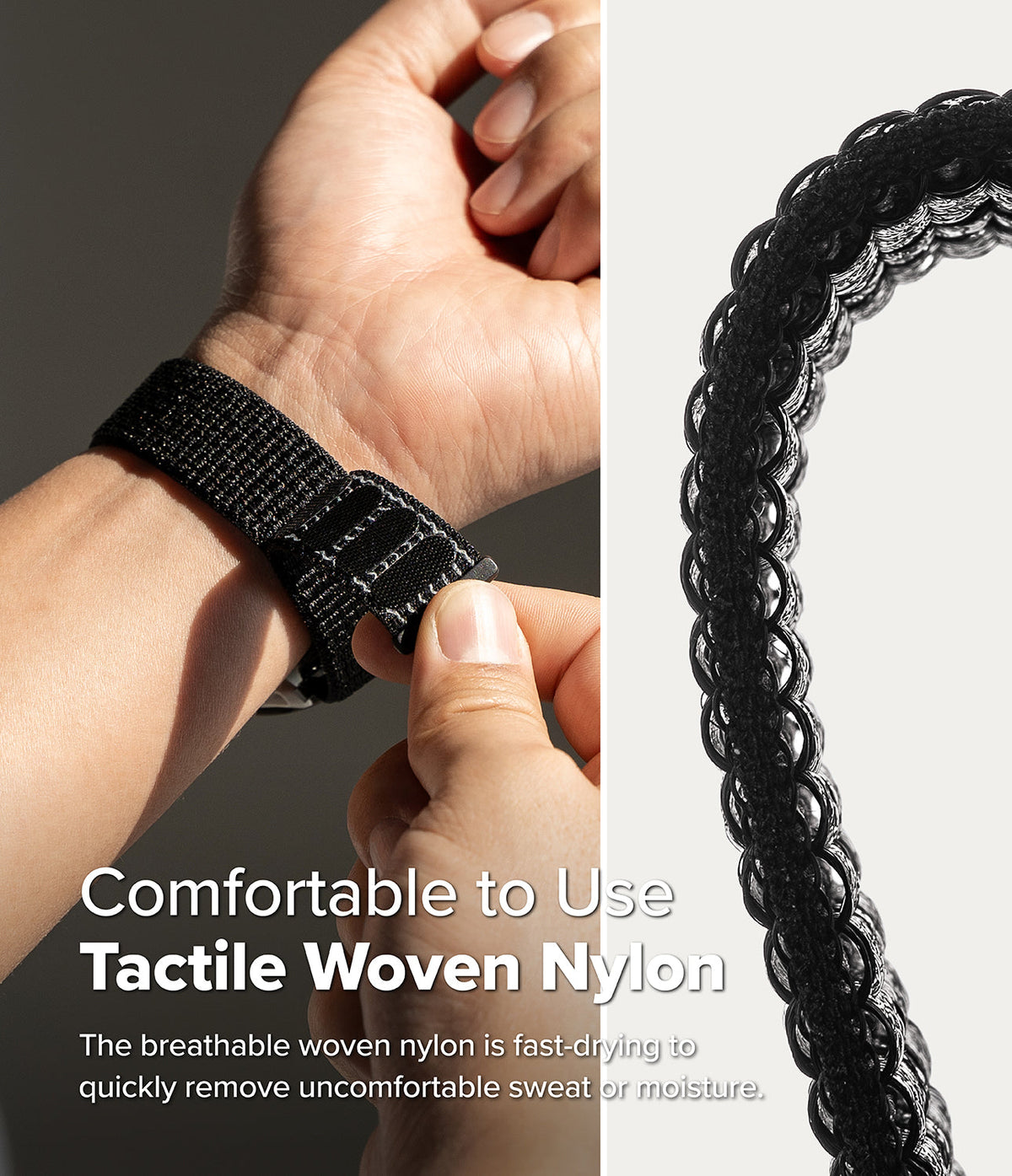 Forerunner 955 | Bezel Styling - Close-up of a person adjusting a black woven nylon watch strap on their wrist.