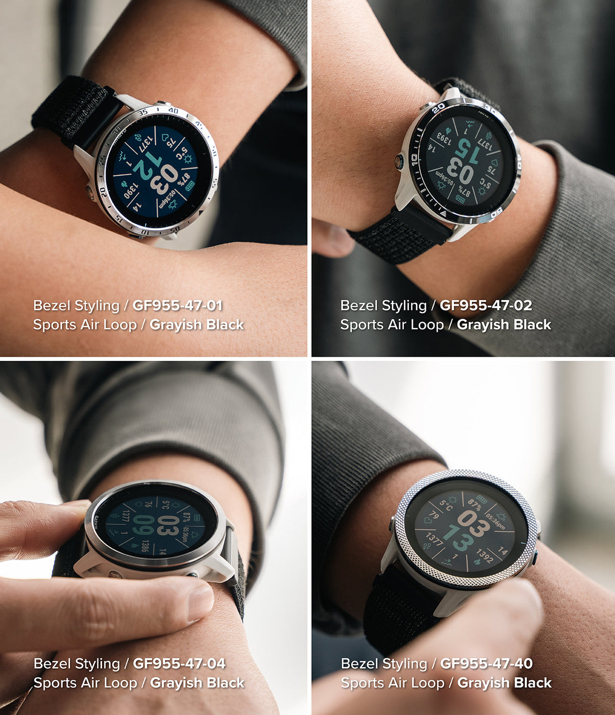 Forerunner 955 | Bezel Styling - Four close-up views of Garmin Forerunner 955 watches featuring different metallic bezel designs.