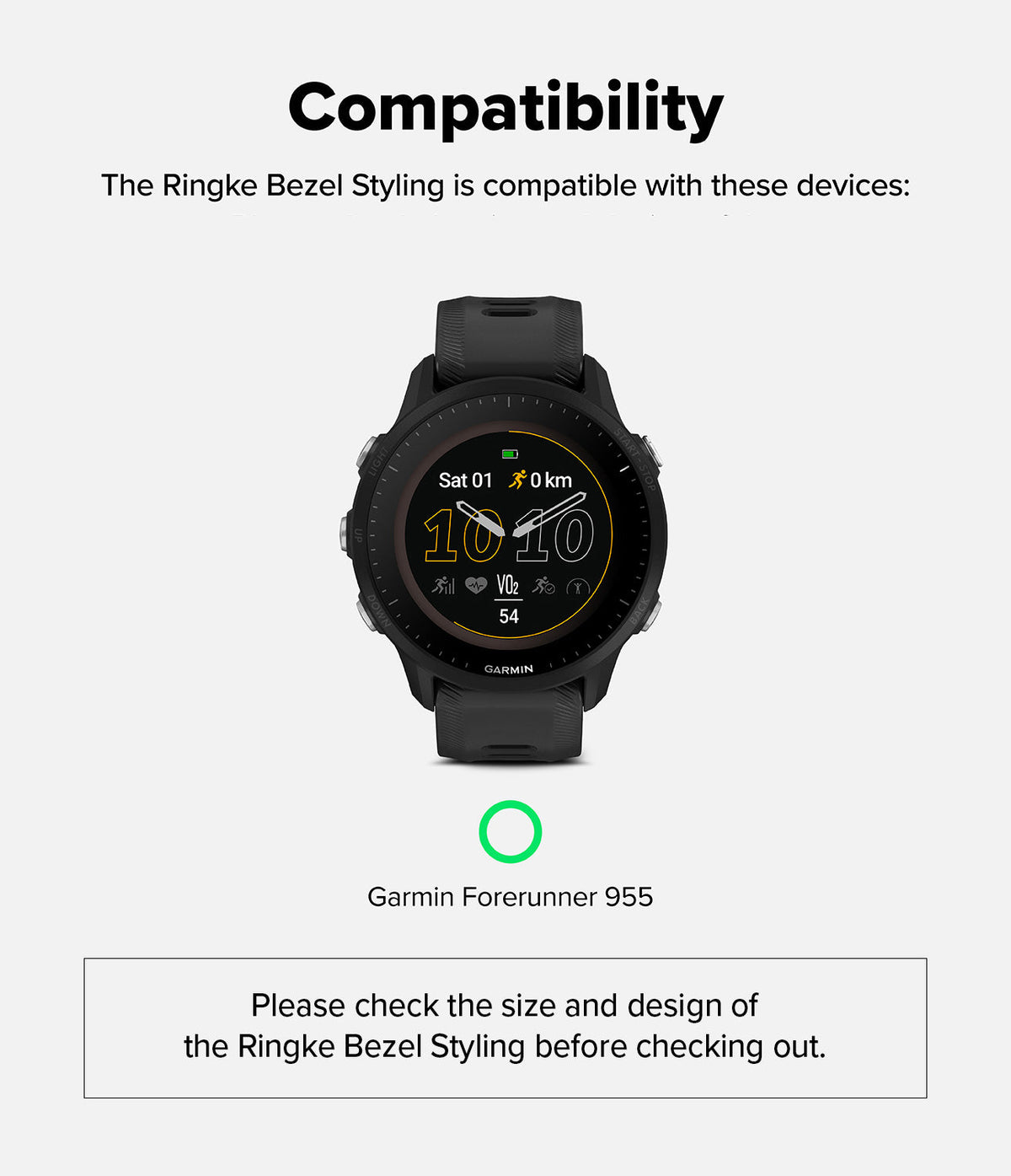 Forerunner 955 | Bezel Styling - A black Garmin Forerunner 955 smartwatch shown with a green checkmark indicating compatibility.