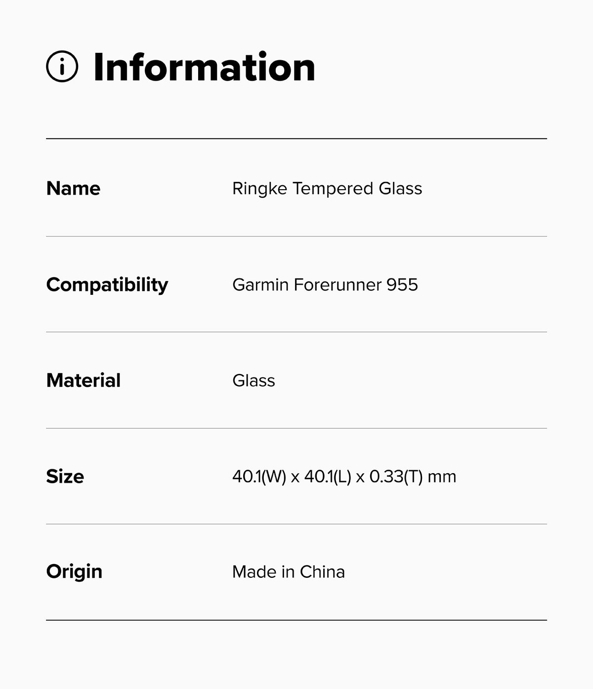 Forerunner 955 Screen Protector | Glass - R6 - Information table listing product name, compatibility, material, size, and origin.