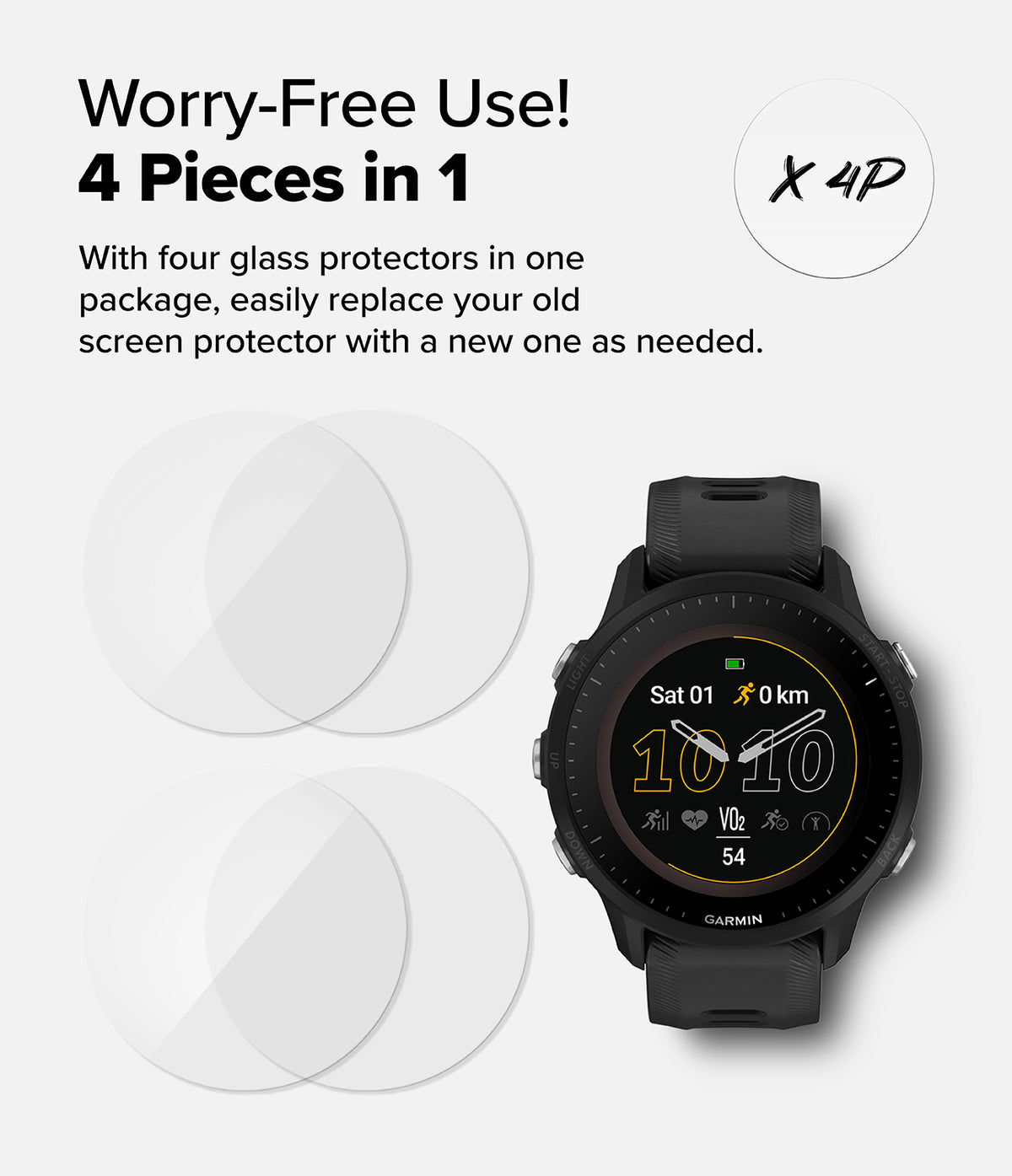 Forerunner 955 Screen Protector | Glass - R6 - Forerunner 955 Screen Protector - Four circular glass screen protectors next to a black Garmin Forerunner 955 smartwatch.