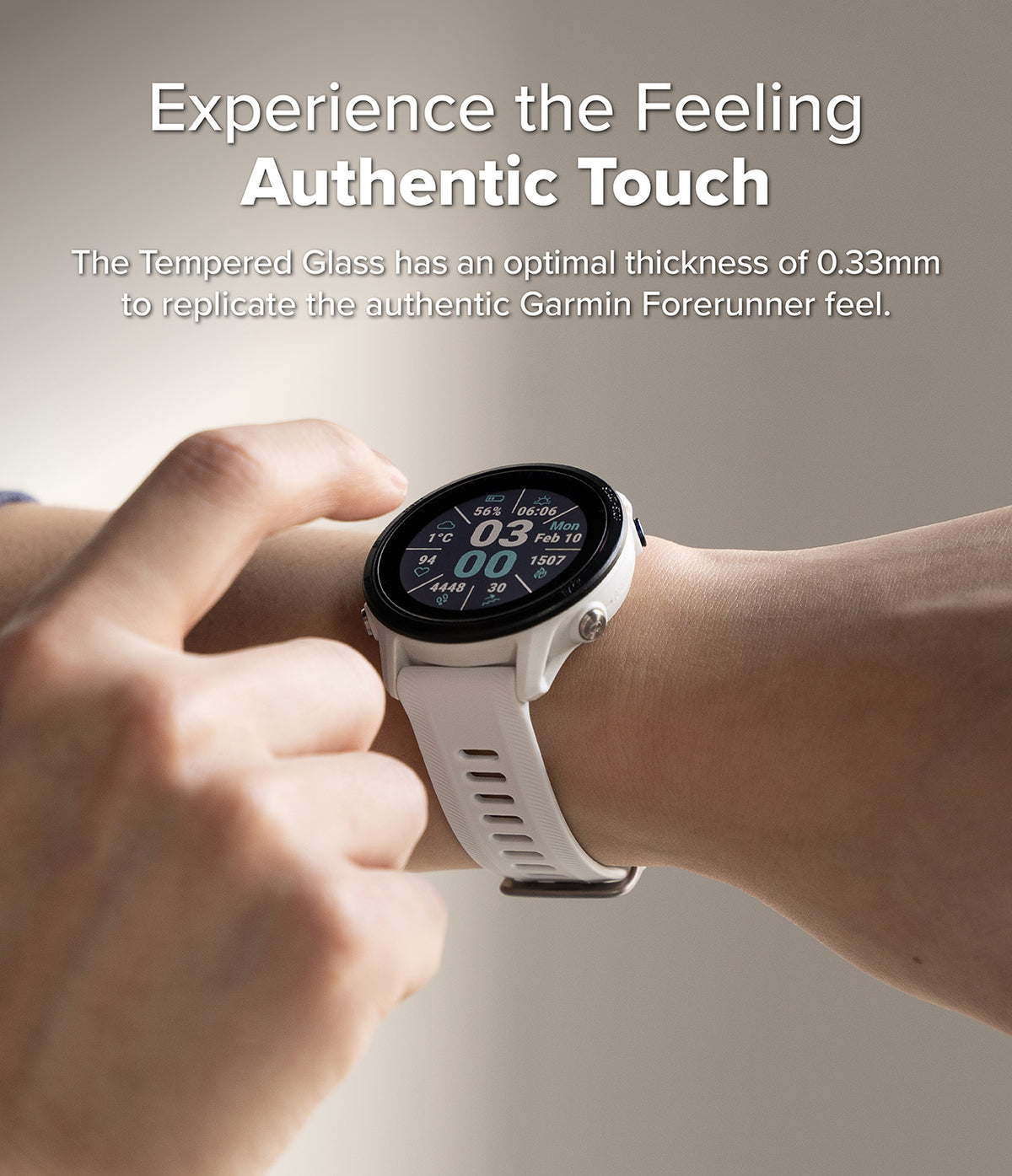 Forerunner 955 Screen Protector | Glass - R6 - A person touching the screen of a white Garmin Forerunner 955 smartwatch.