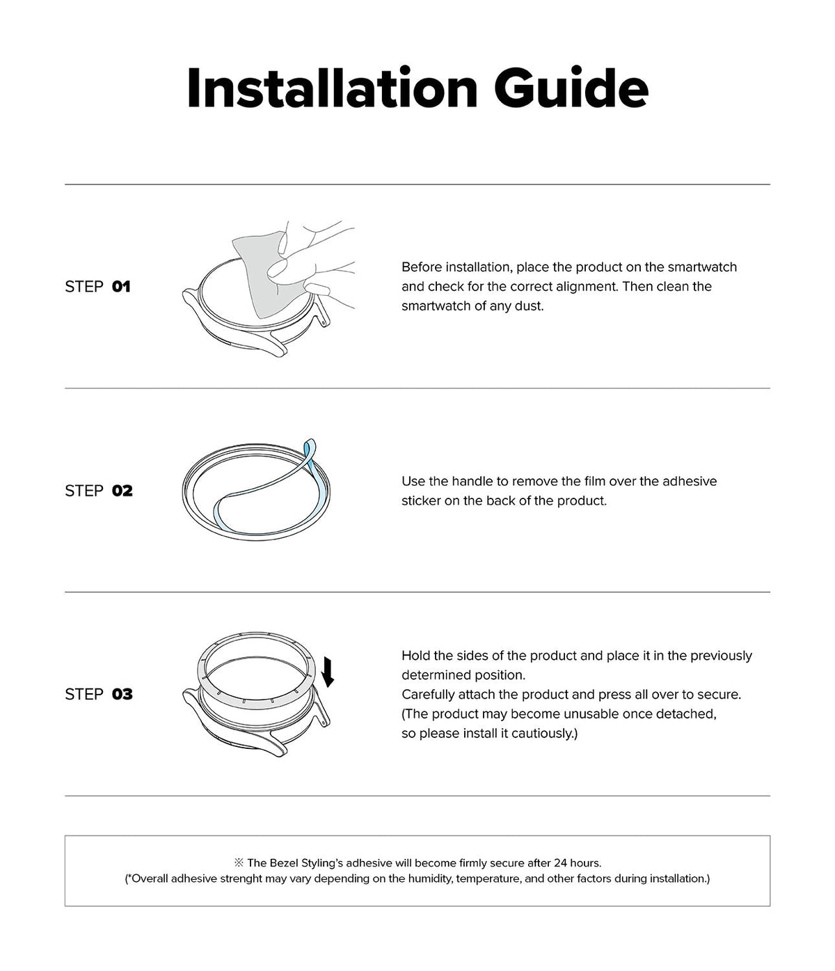 Forerunner 965 | Bezel Styling & Band - Three-step installation guide for a smartwatch bezel with cleaning, peeling, and application instructions.