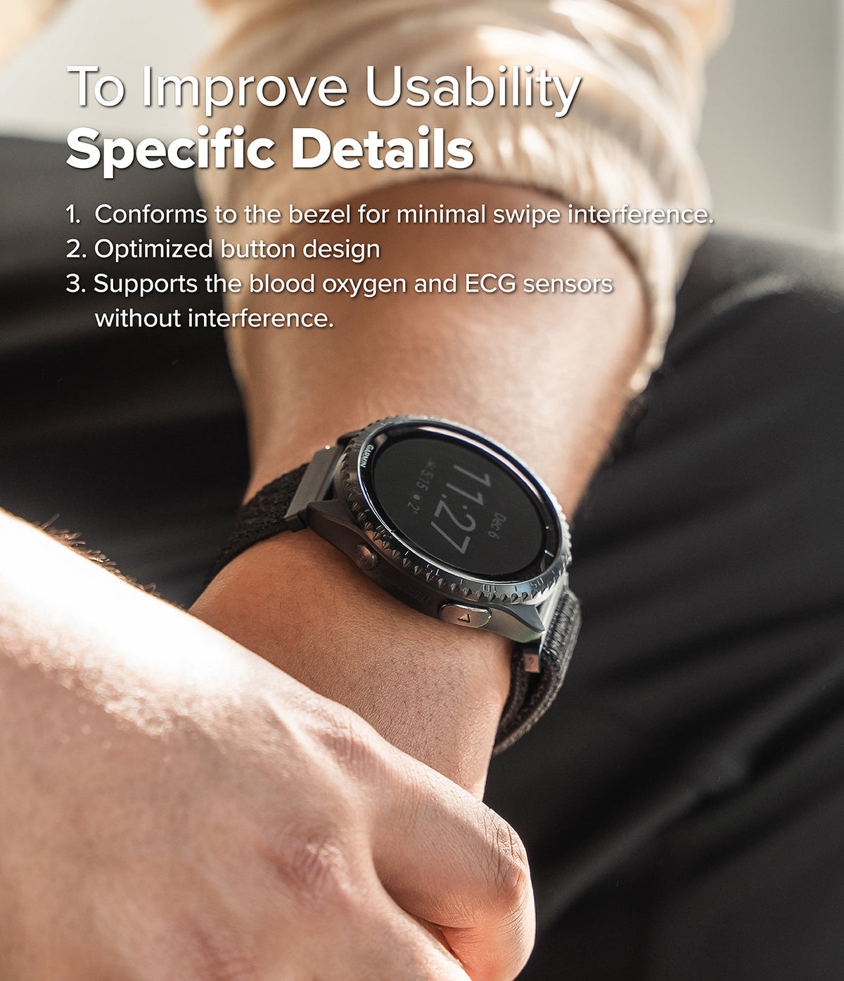 Forerunner 965 | Bezel Styling & Band - A Garmin smartwatch on a wrist with text highlighting bezel and sensor compatibility.