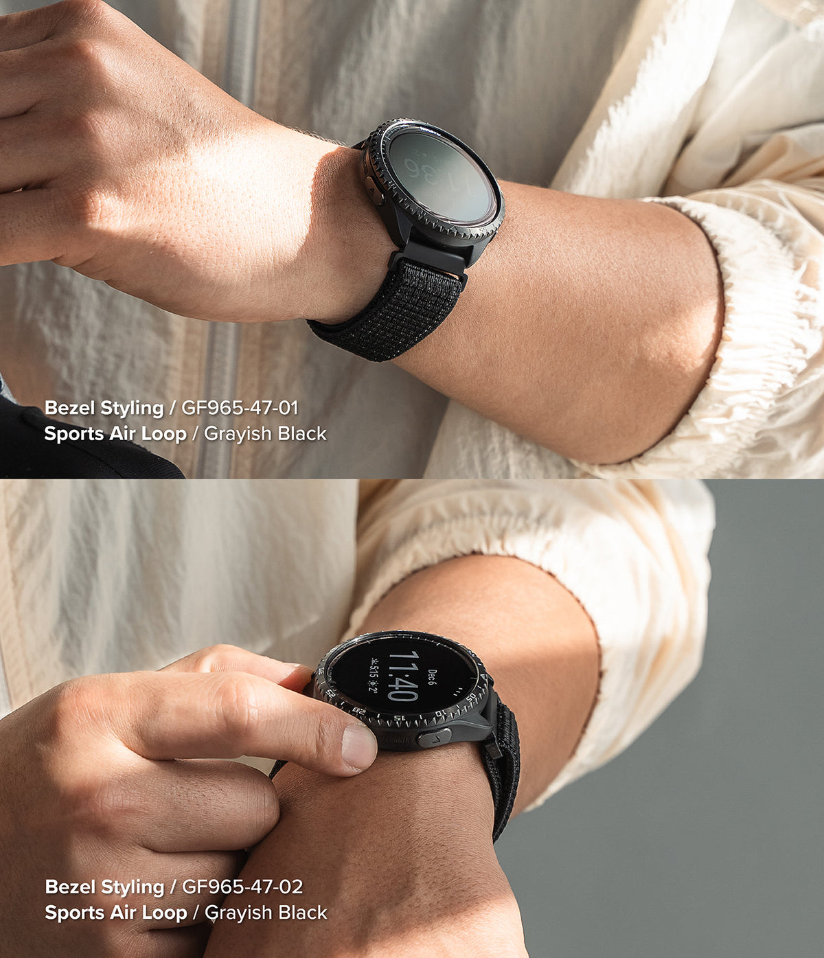 Forerunner 965 | Bezel Styling & Band - Forerunner 965 - Two views of a smartwatch with a black textured bezel styling and a black woven sports air loop band.