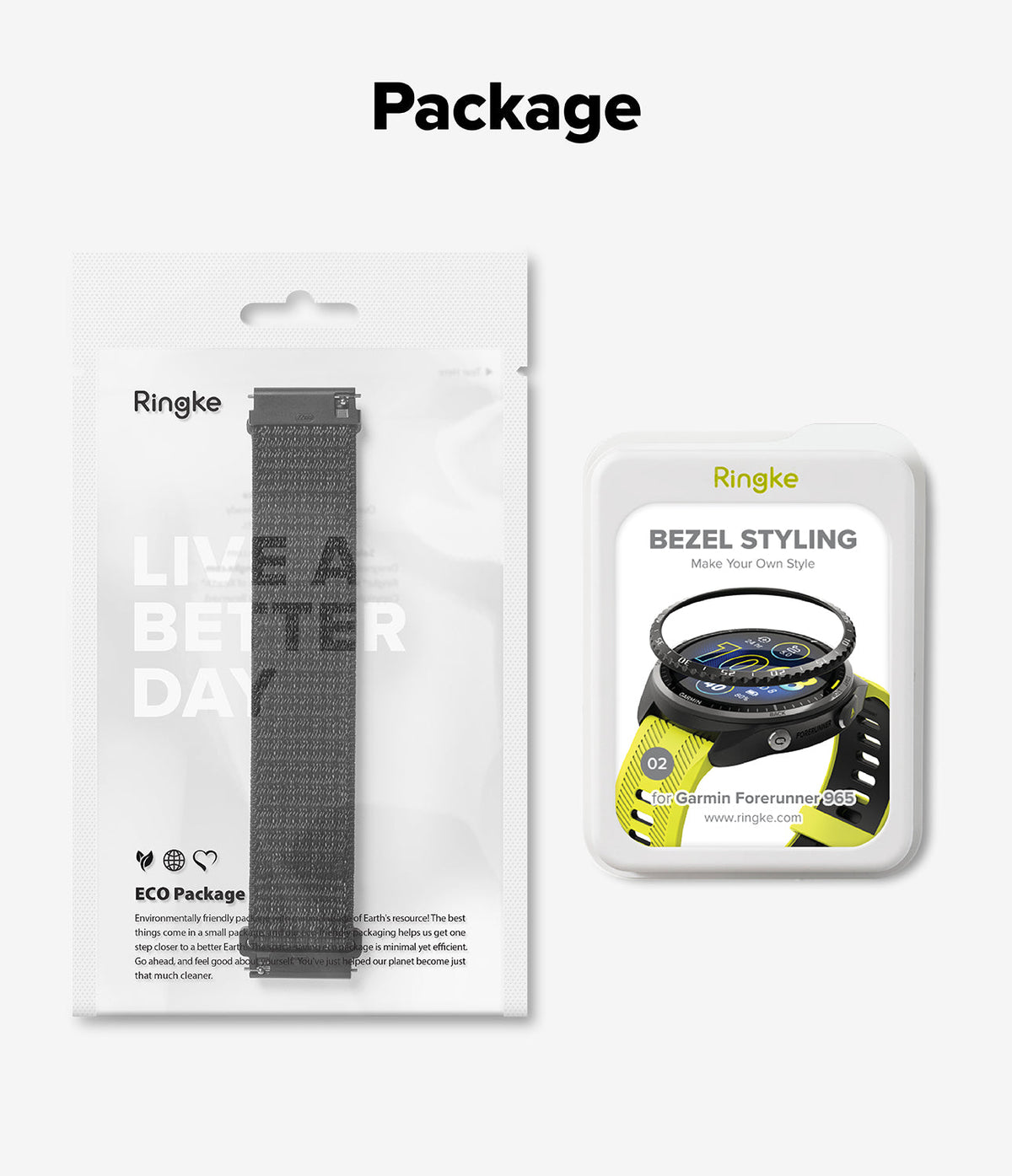 Forerunner 965 | Bezel Styling & Band - Ringke watch band in eco-packaging and a bezel styling kit for Garmin Forerunner 965.