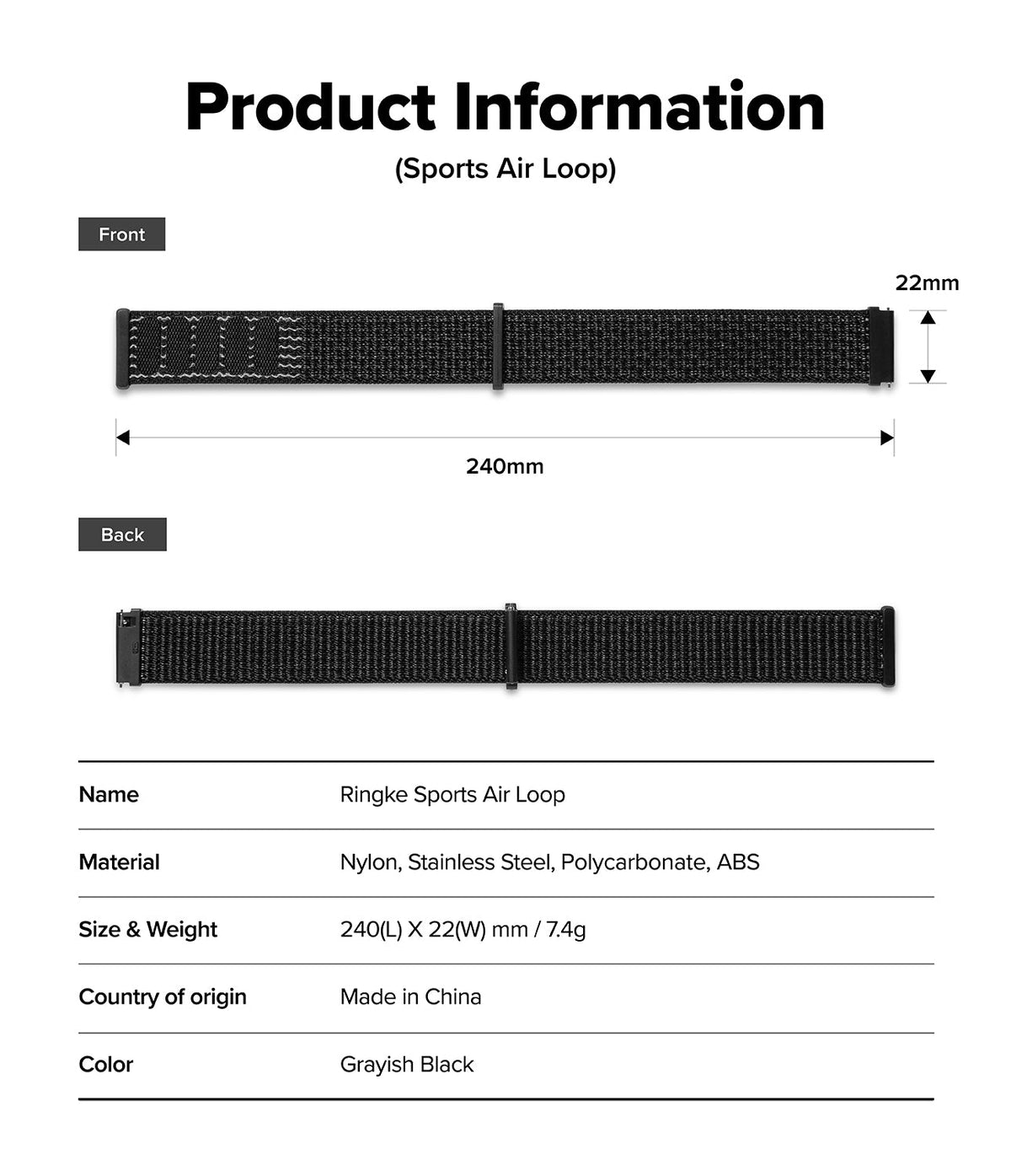 Forerunner 965 | Bezel Styling & Band - Technical specifications and dimensions for a black nylon Sports Air Loop watch band.