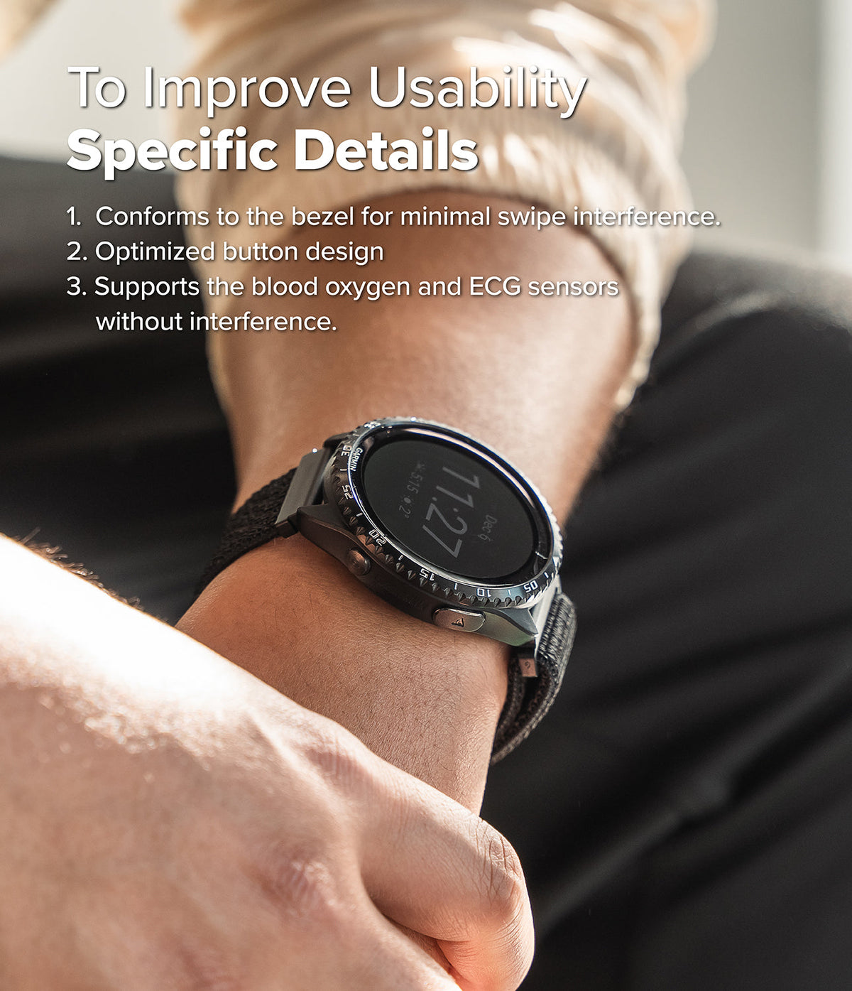 Forerunner 965 | Bezel Styling & Band - A Garmin watch with a textured bezel and black band worn on a wrist with text overlay.