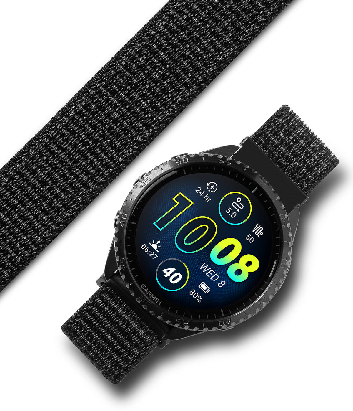 Forerunner 965 | Bezel Styling & Band - Garmin smartwatch with textured black bezel and woven nylon strap.