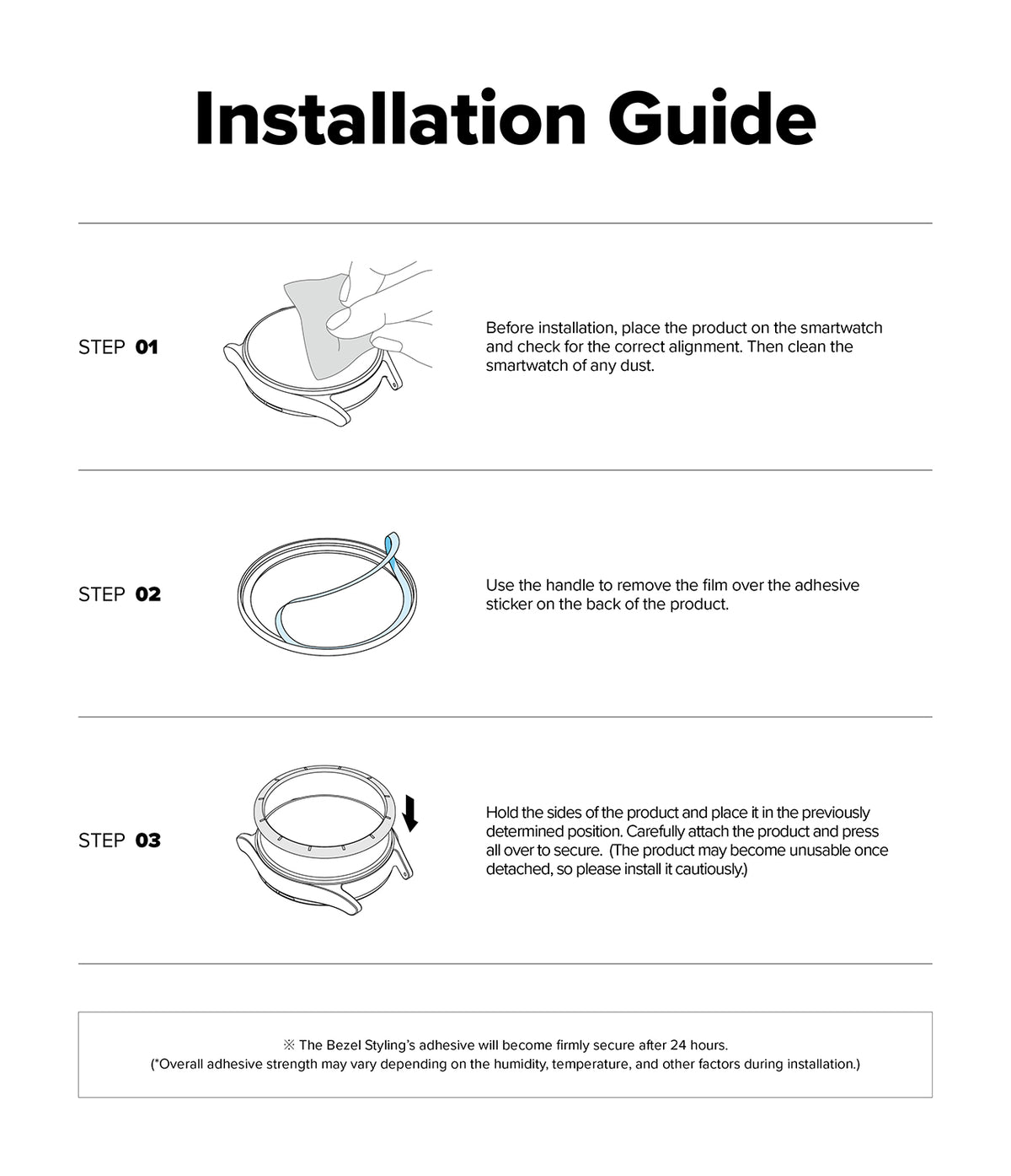 Forerunner 970 | Bezel Styling - Three-step installation guide showing cleaning, adhesive removal, and bezel placement on a watch.