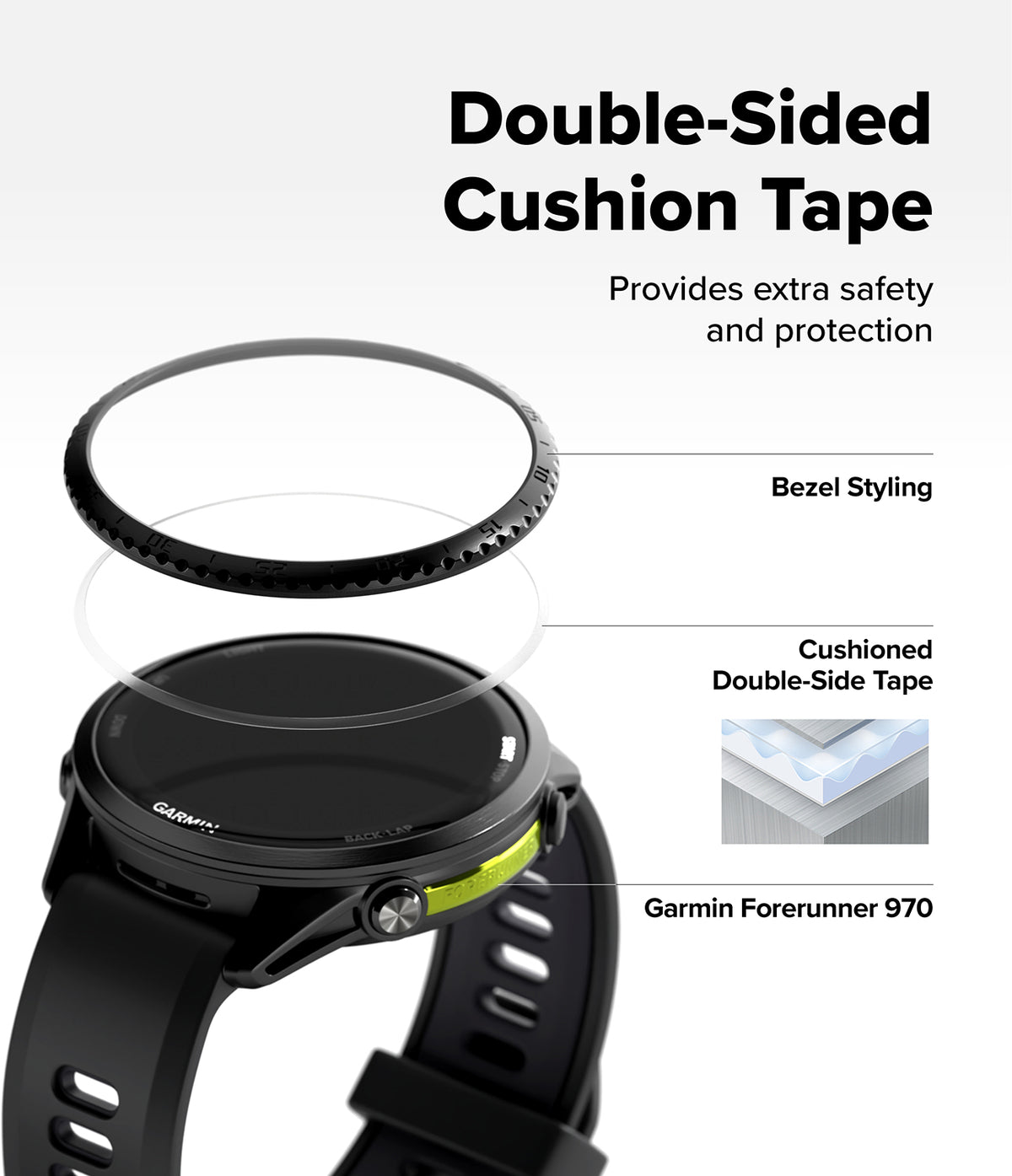 Forerunner 970 | Bezel Styling - Exploded view showing a bezel, adhesive tape, and a Garmin Forerunner 970 smartwatch.