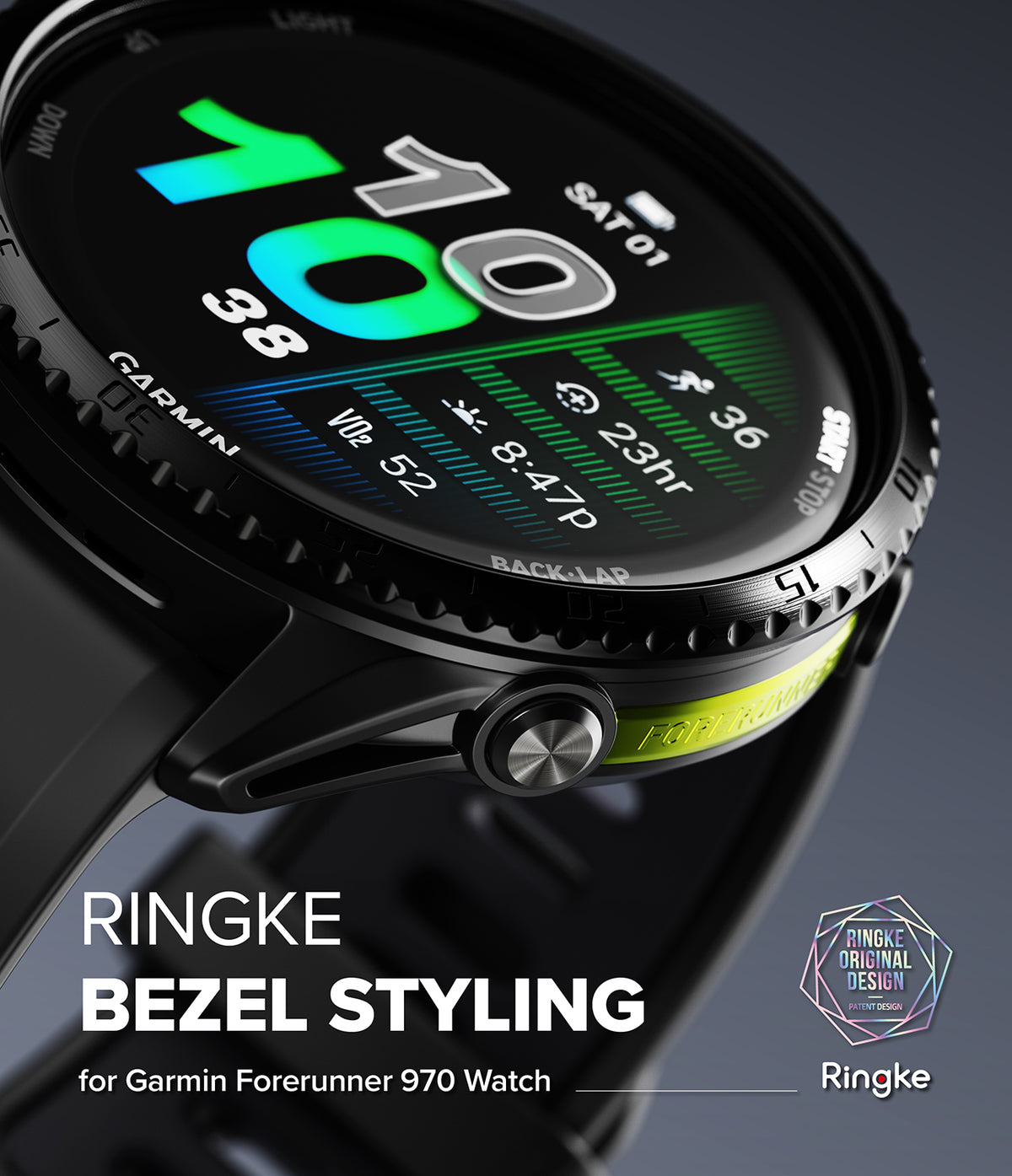 Forerunner 970 | Bezel Styling - Close-up of a black Garmin watch with a textured metal bezel and neon green side accent.