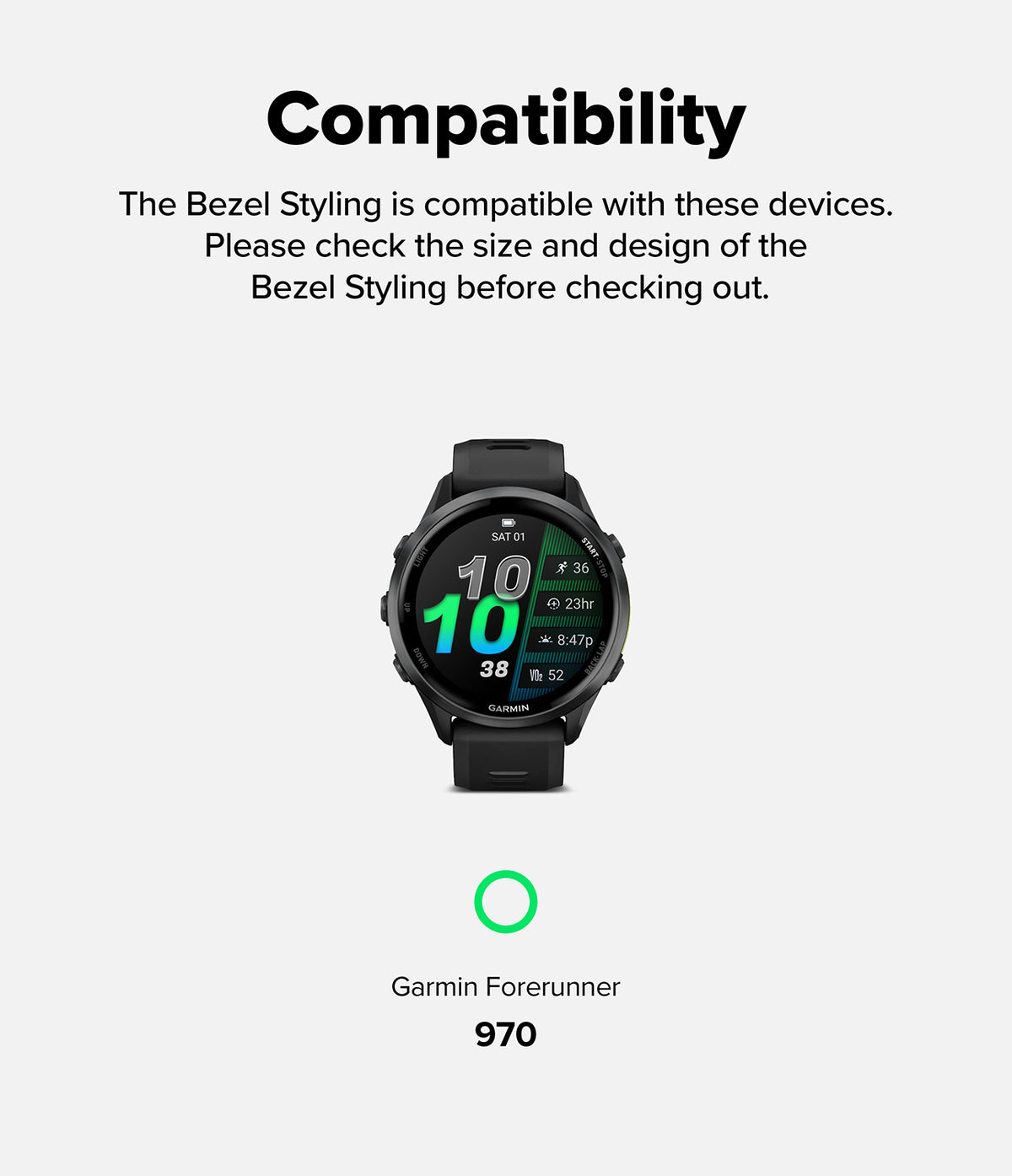 Forerunner 970 | Bezel Styling - A Garmin Forerunner 970 smartwatch displayed with a green circle icon and model text.