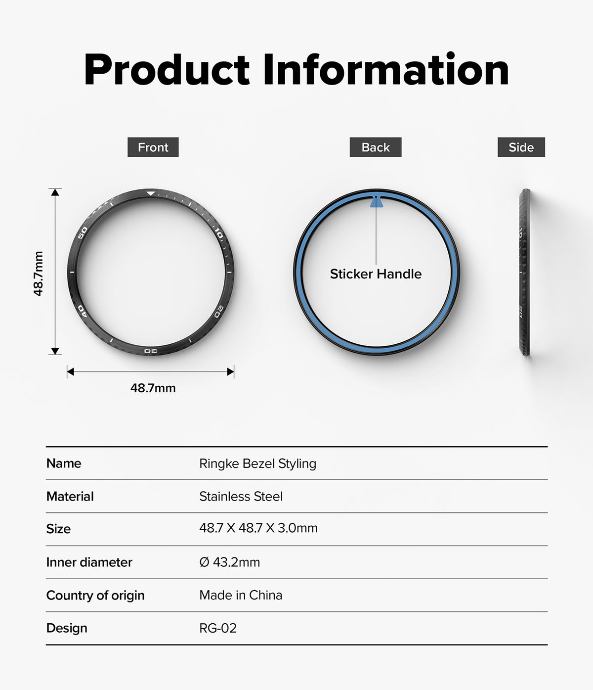 Forerunner 970 | Bezel Styling - Technical diagram showing front, back, and side views of a stainless steel watch bezel.