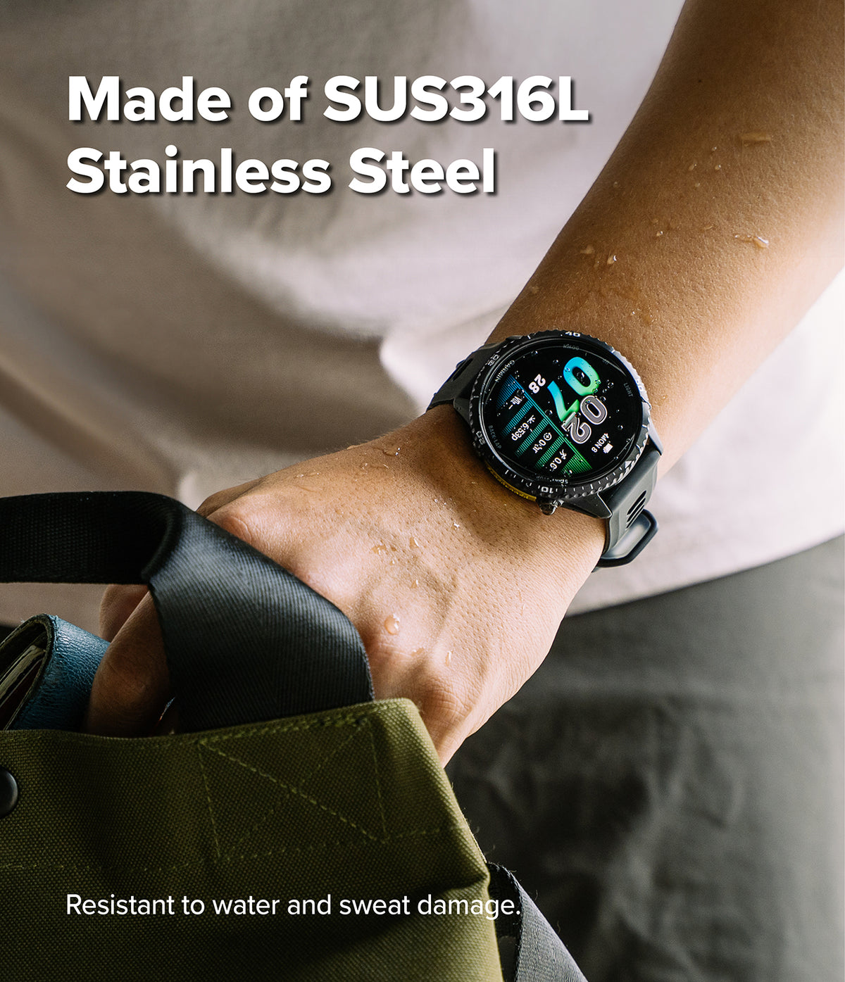 Forerunner 970 | Bezel Styling - A Garmin watch with a stainless steel bezel worn on a wrist with water droplets on the skin.