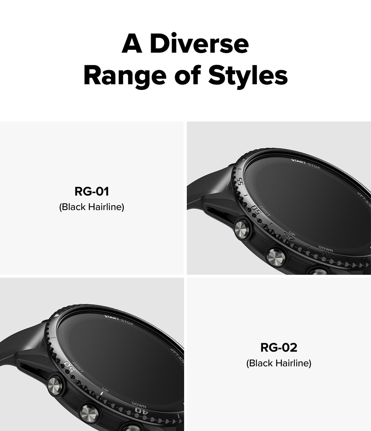 Forerunner 970 | Bezel Styling - Two close-up views of black hairline finish watch bezels labeled RG-01 and RG-02.