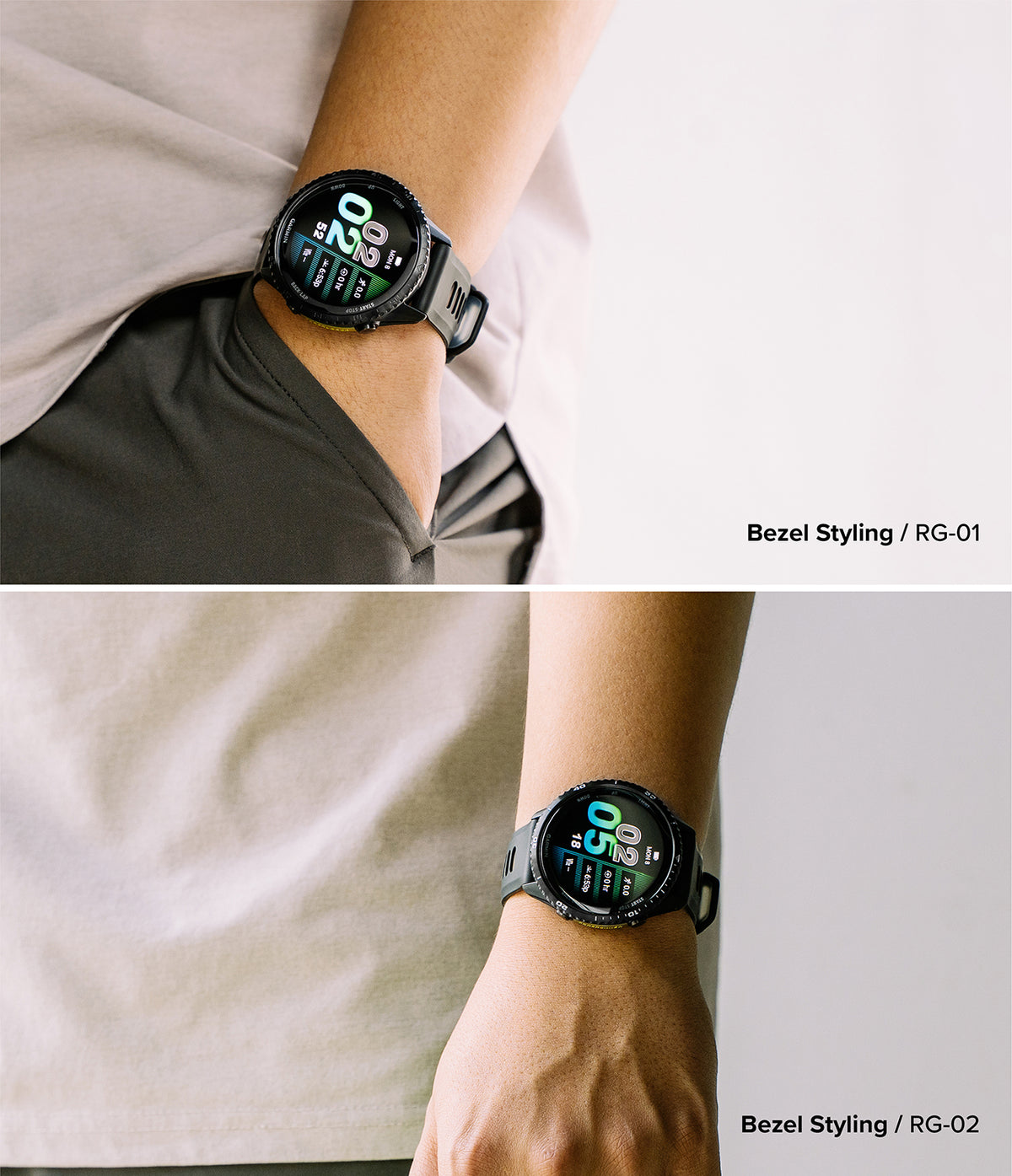 Forerunner 970 | Bezel Styling - Two views of a black smartwatch on a wrist, showcasing different bezel designs.