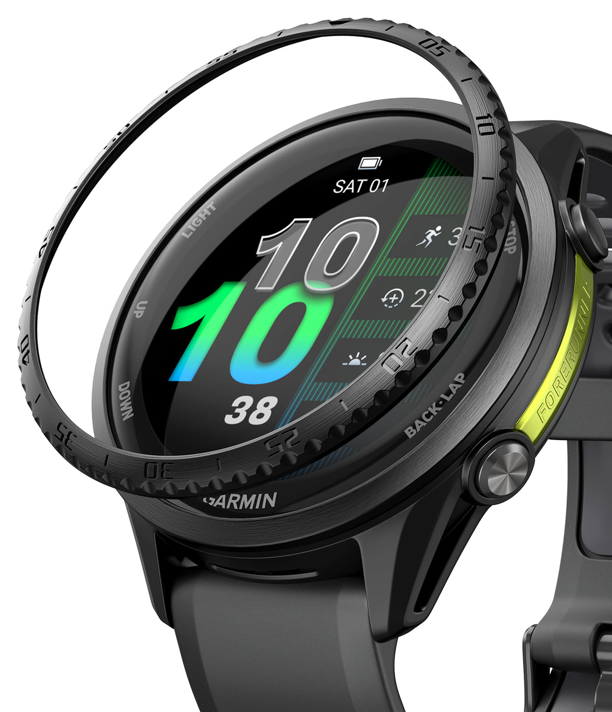Forerunner 970 | Bezel Styling - A black, textured watch bezel hovering above a Garmin Forerunner smartwatch face.