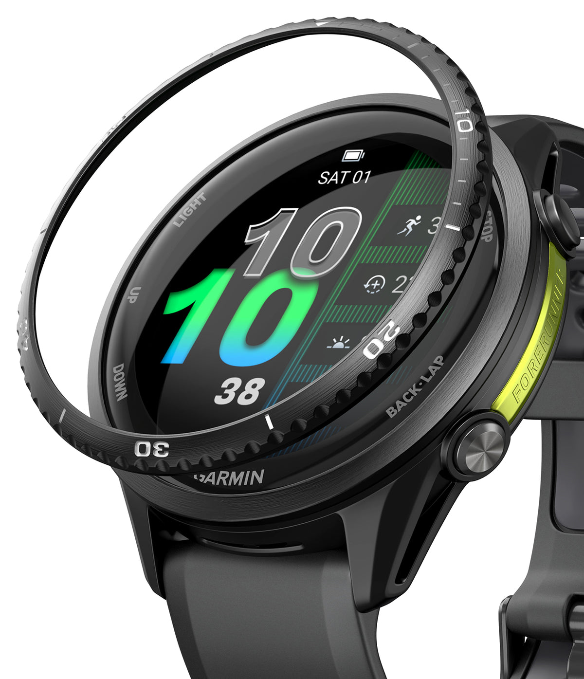 Forerunner 970 | Bezel Styling - A black watch bezel hovering above a Garmin Forerunner smartwatch with a digital display.