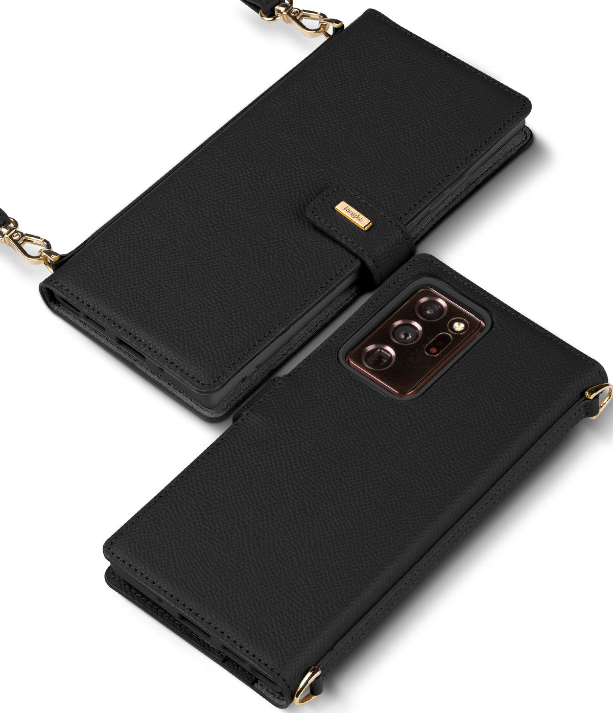 Galaxy Note 20 Ultra Case | Folio Signature Black - Black textured leather folio case with gold accents and strap.