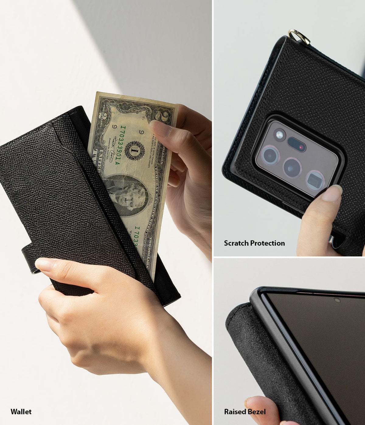 Galaxy Note 20 Ultra Case | Folio Signature Black - Black leather folio case showing wallet pocket, camera protection, and raised screen bezel.