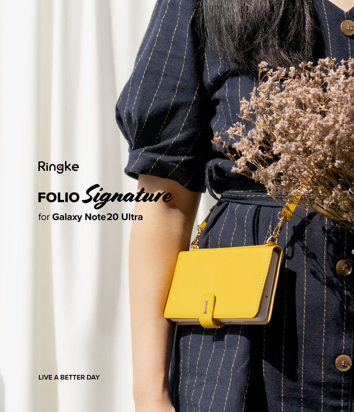 Galaxy Note 20 Ultra Case | Folio Signature Yellow - A bright yellow folio phone case worn as a crossbody bag.