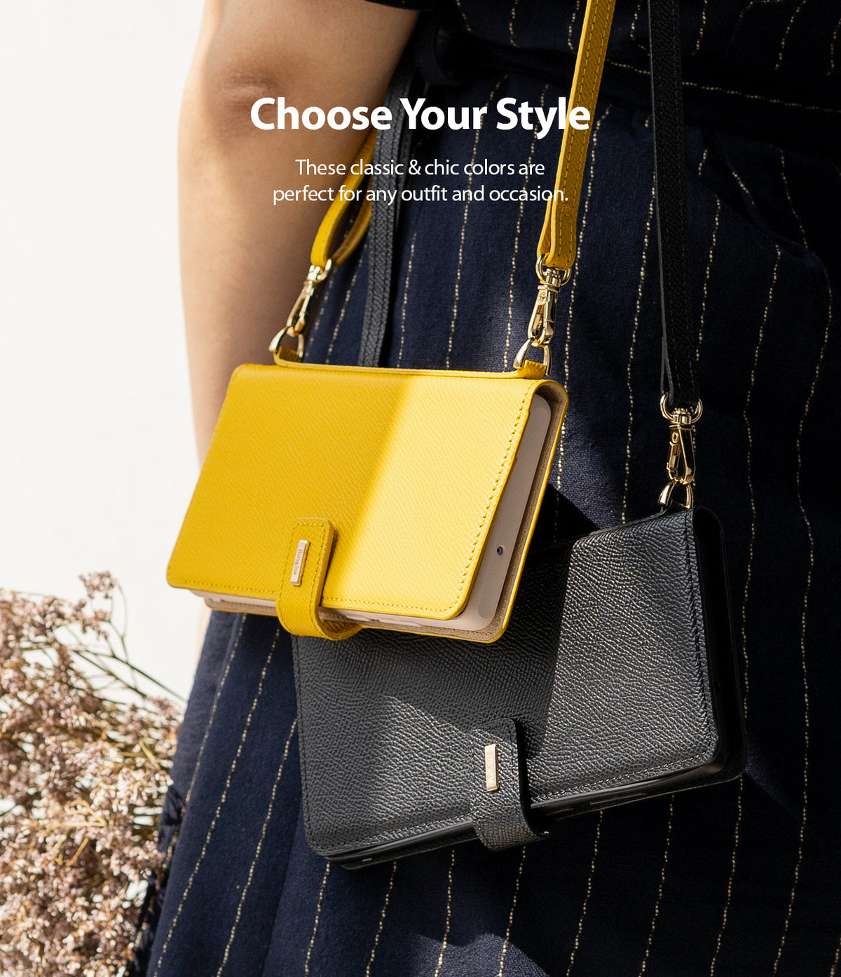 Galaxy Note 20 Ultra Case | Folio Signature Yellow - Yellow and black folio phone cases with straps worn over a dress.