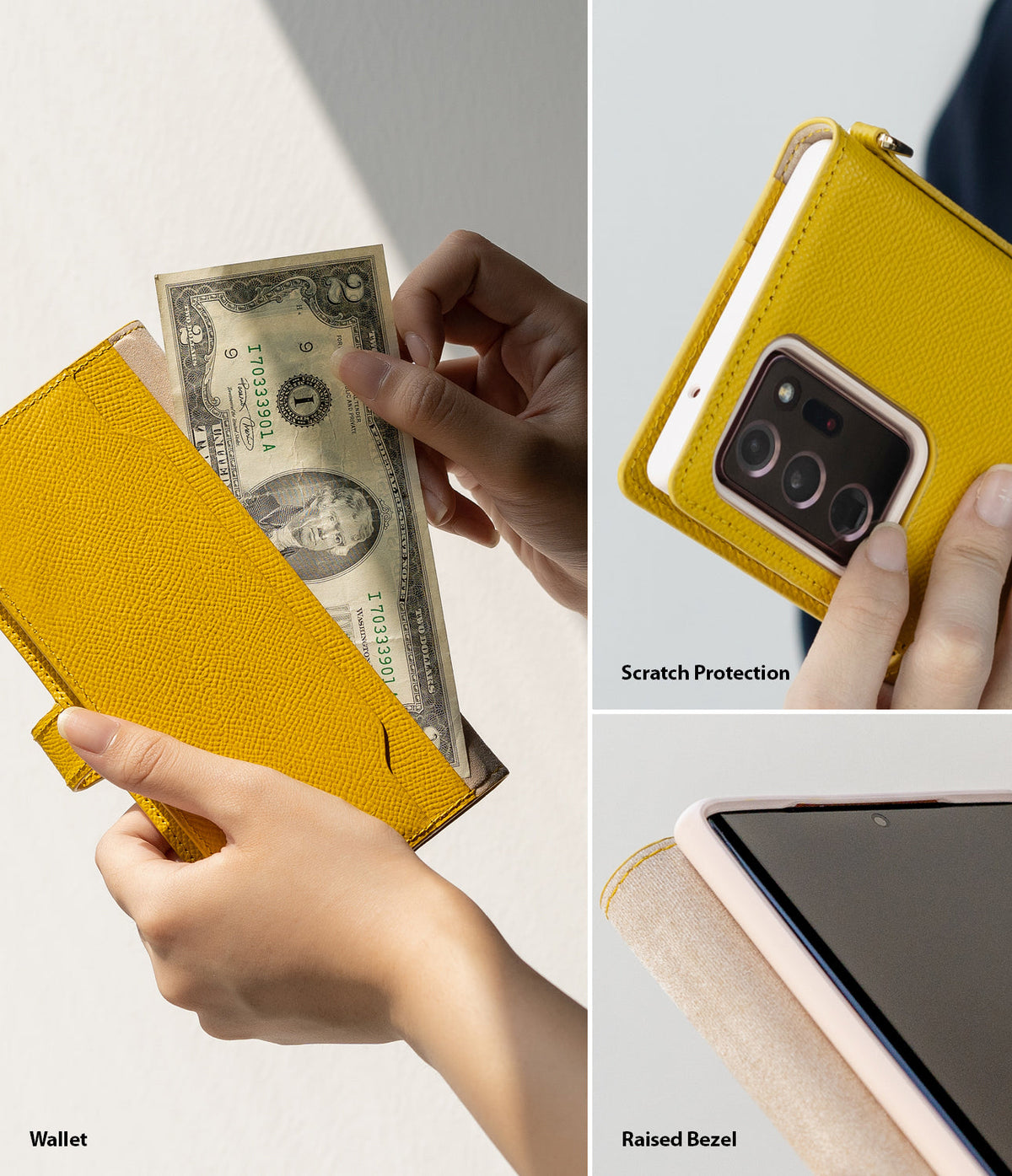 Galaxy Note 20 Ultra Case | Folio Signature Yellow - Yellow textured folio case showing wallet, camera protection, and raised bezel.