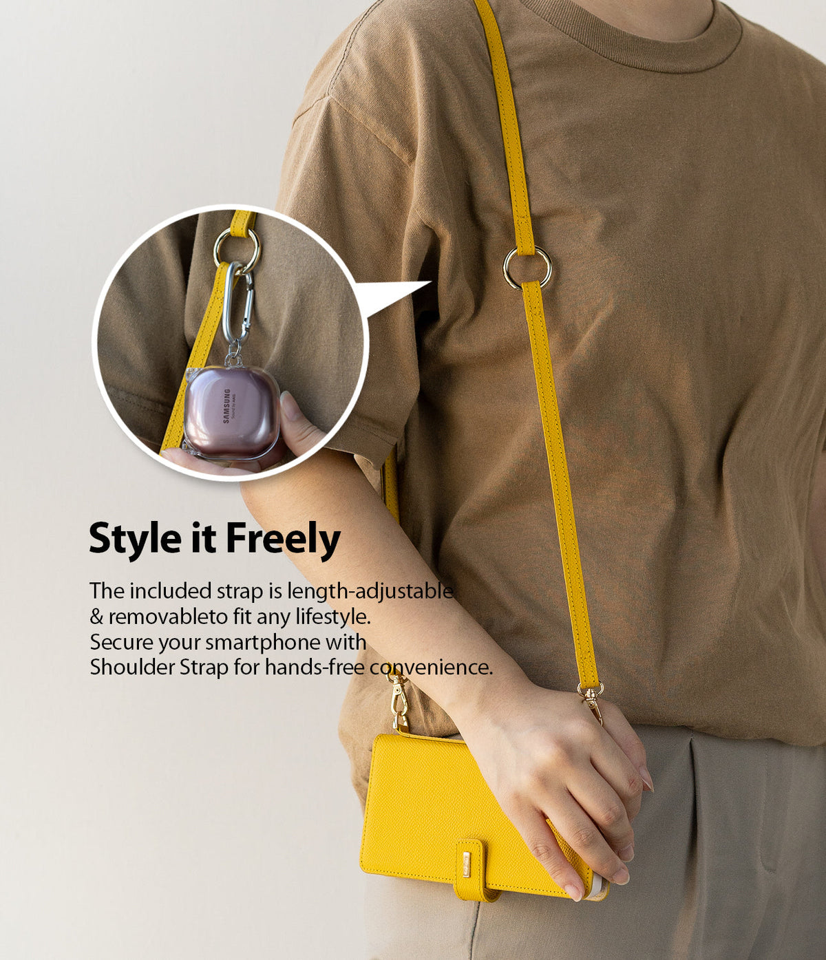 Galaxy Note 20 Ultra Case | Folio Signature Yellow - Person wearing a yellow crossbody phone case with a strap.