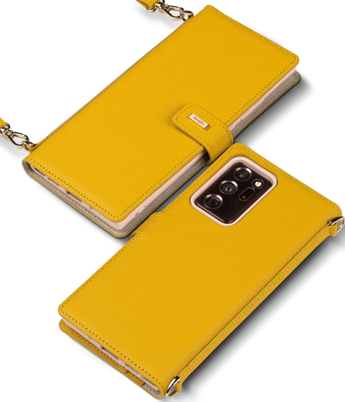 Galaxy Note 20 Ultra Case | Folio Signature Yellow - Two yellow textured folio cases with gold clasps and straps.
