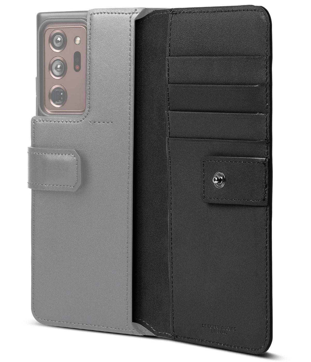 Galaxy Note 20 Ultra Case | Folio Signature+ - Open black leather wallet case with card slots and a magnetic snap.