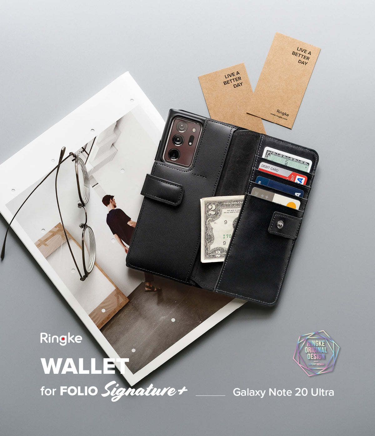 Galaxy Note 20 Ultra Case | Folio Signature+ - Black leather wallet case holding cards and cash, with glasses nearby.