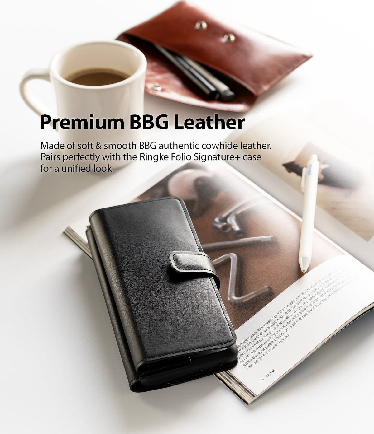 Galaxy Note 20 Ultra Case | Folio Signature+ - Black leather folio case resting on an open magazine with a coffee mug.