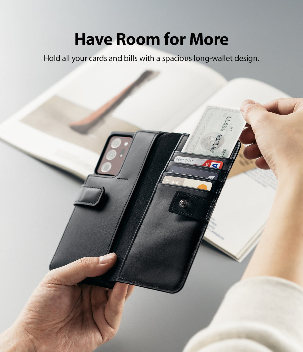 Galaxy Note 20 Ultra Case | Folio Signature+ - Black leather wallet phone case holding multiple cards and cash.