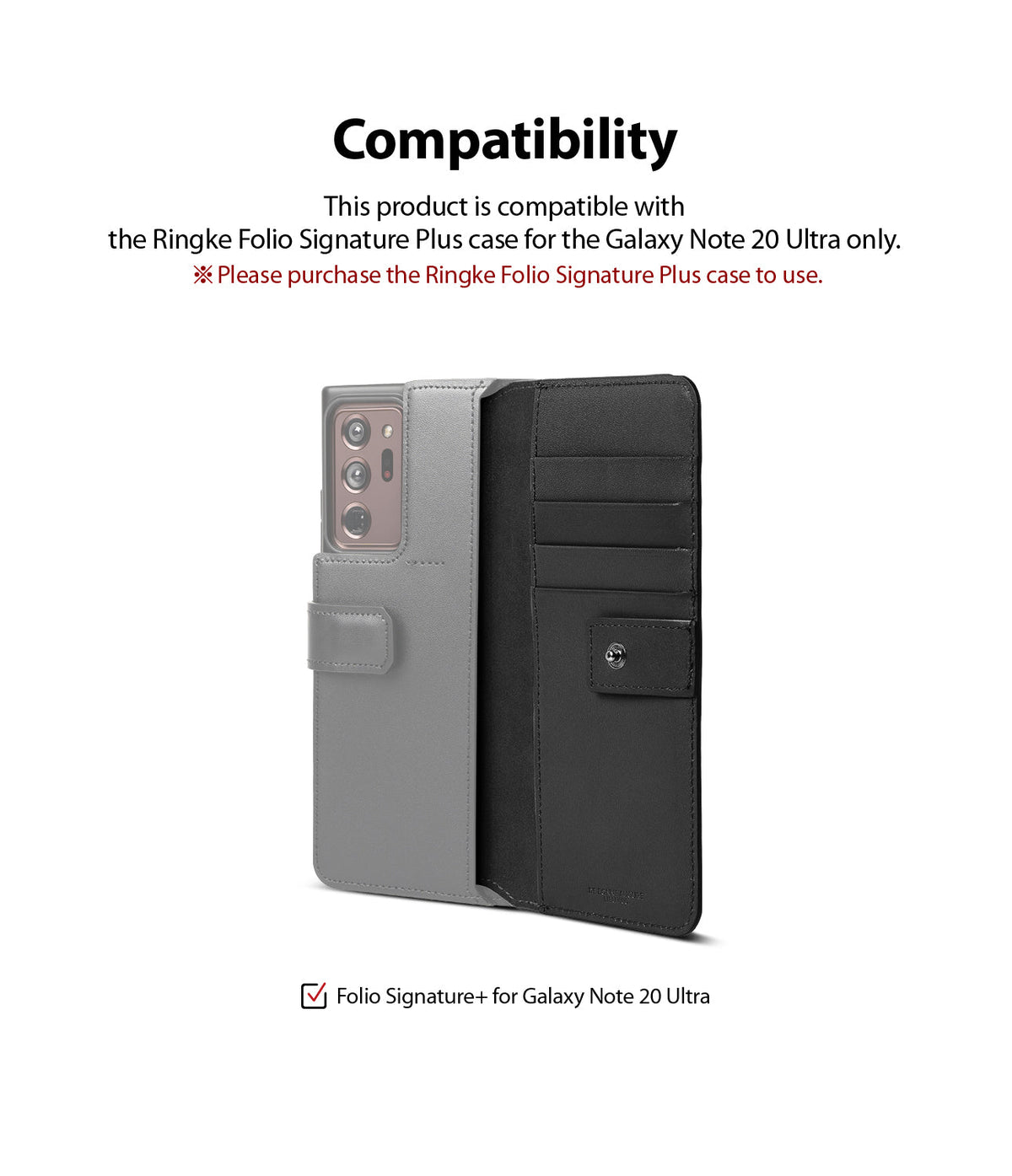 Galaxy Note 20 Ultra Case | Folio Signature+ - Open grey and black folio case with card slots and phone installed.