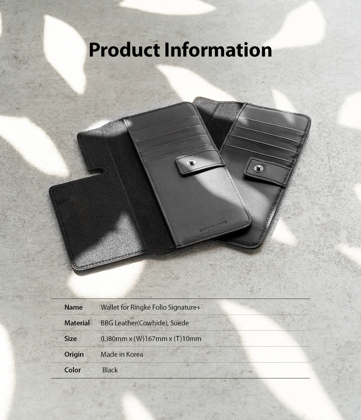 Galaxy Note 20 Ultra Case | Folio Signature+ - Two open black leather wallet cases with card slots on a textured surface.