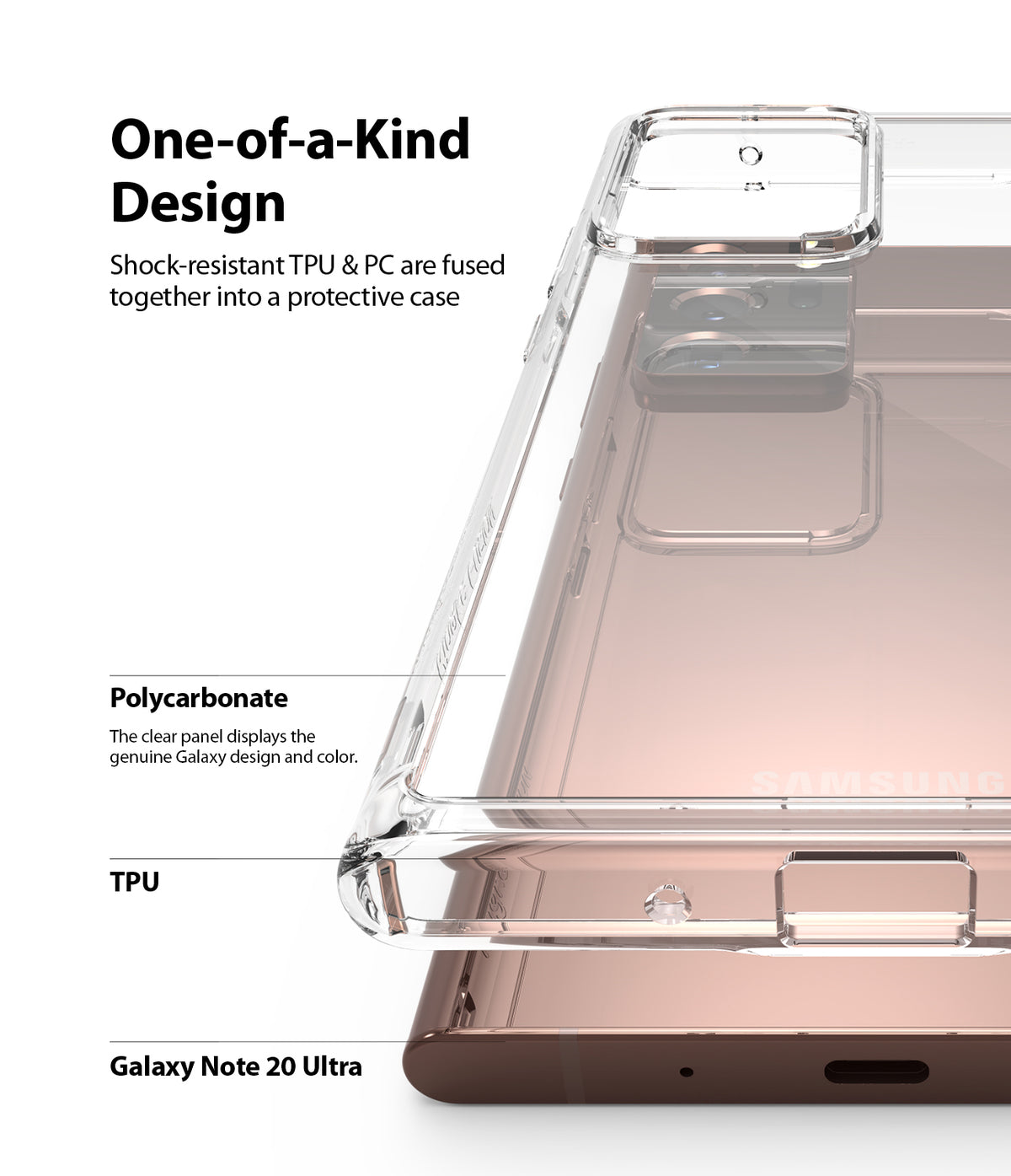 Galaxy Note 20 Ultra Case | Fusion - Clear protective case on a bronze Galaxy Note 20 Ultra with labels for TPU and PC.