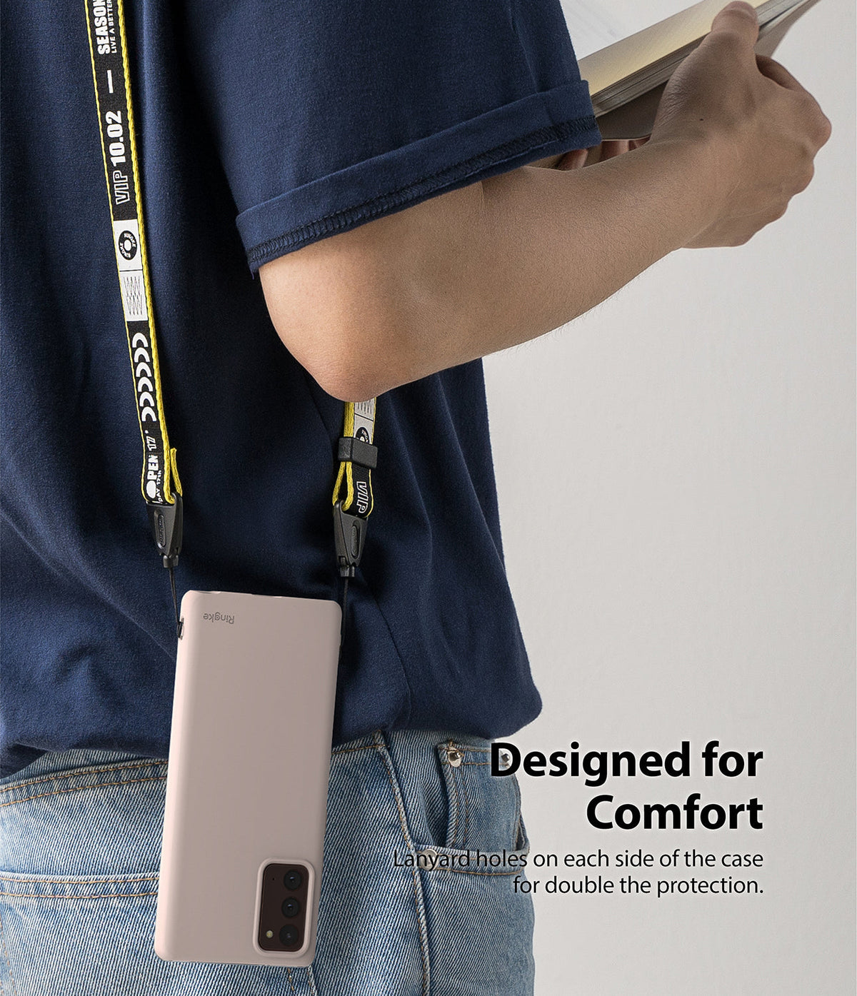 Galaxy Note 20 Case | Air-S - A person wearing a pink phone case on a yellow branded lanyard around their neck.