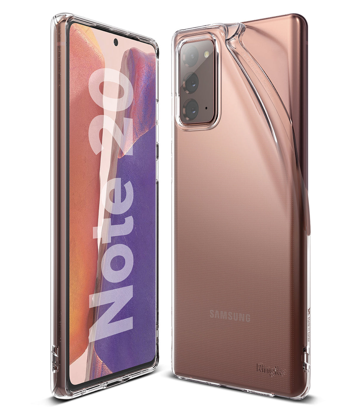Galaxy Note 20 Case | Air - Front and back views of a bronze Samsung Galaxy Note 20 in a clear, slim protective case.